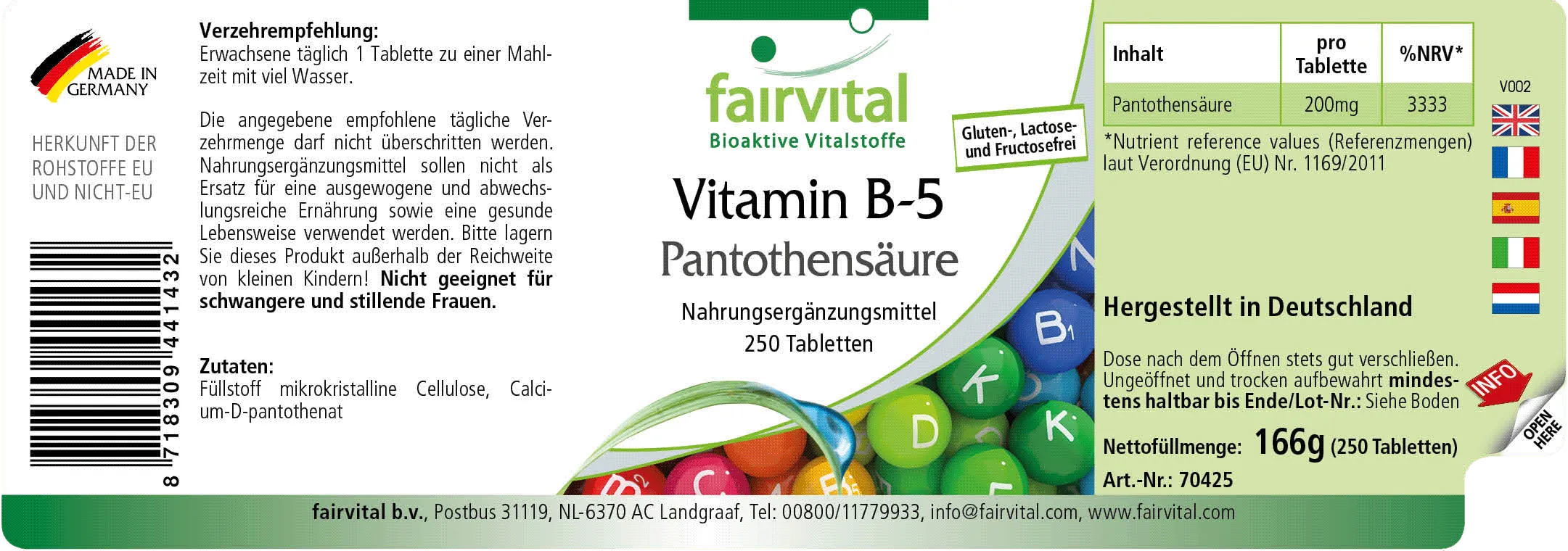 Vitamine B5 acide pantothénique - 250 comprimés