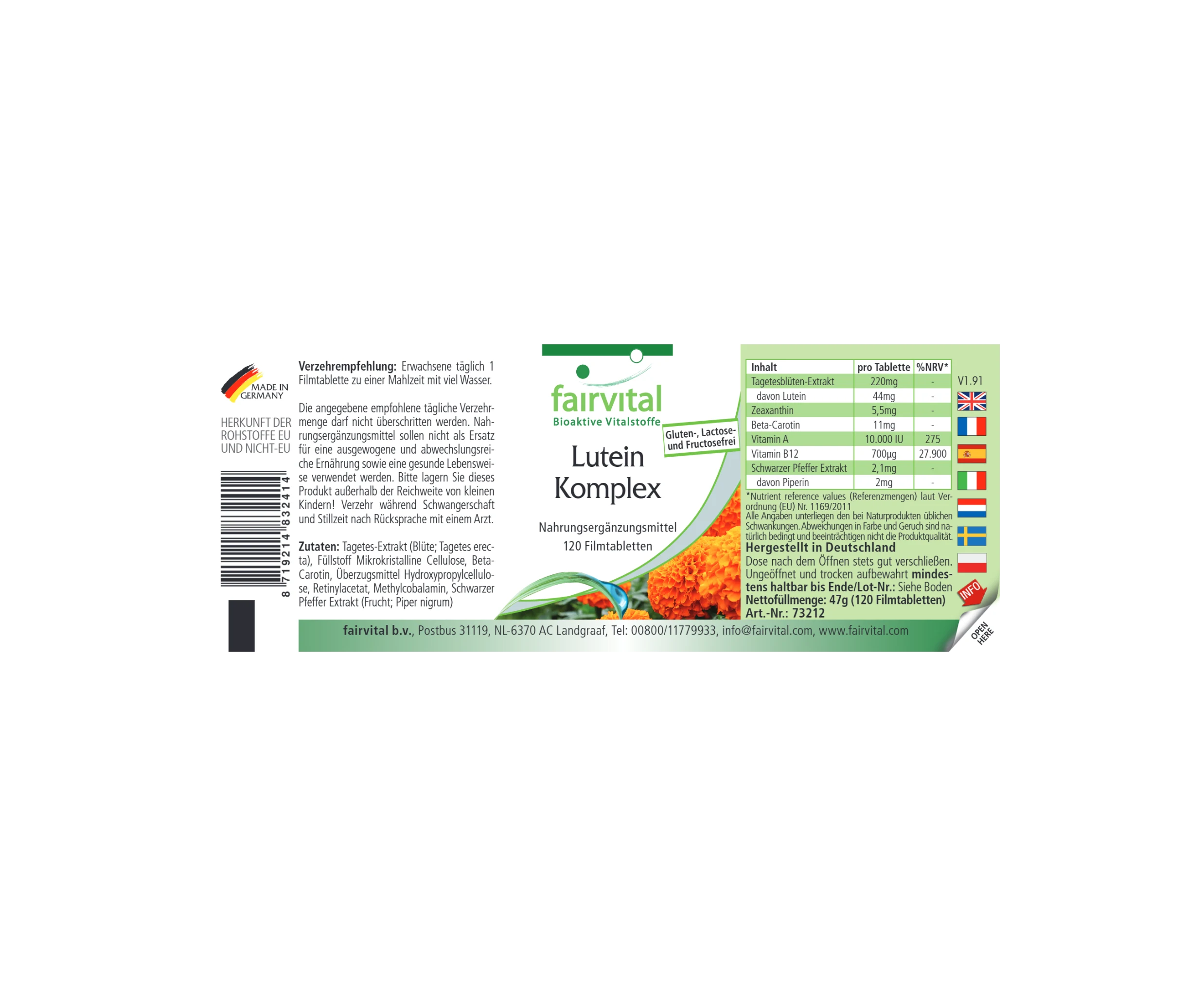 Luteïnecomplex - 120 filmomhulde tabletten - hooggedoseerd en veganistisch | Fairvital