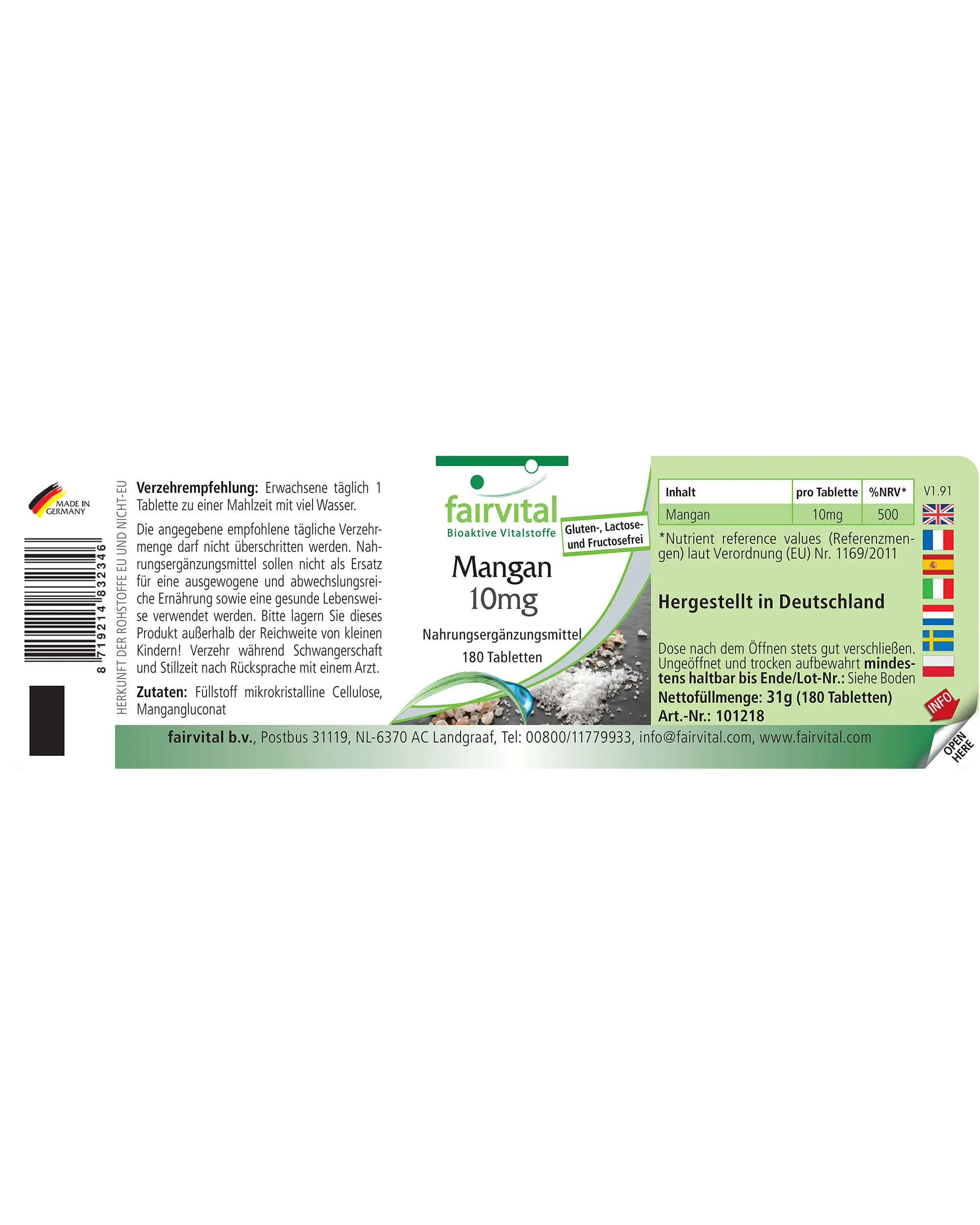 Mangan 10mg - 180 Tabletten - für Knochen, Energie uvm. - hochdosiert und vegan | Fairvital