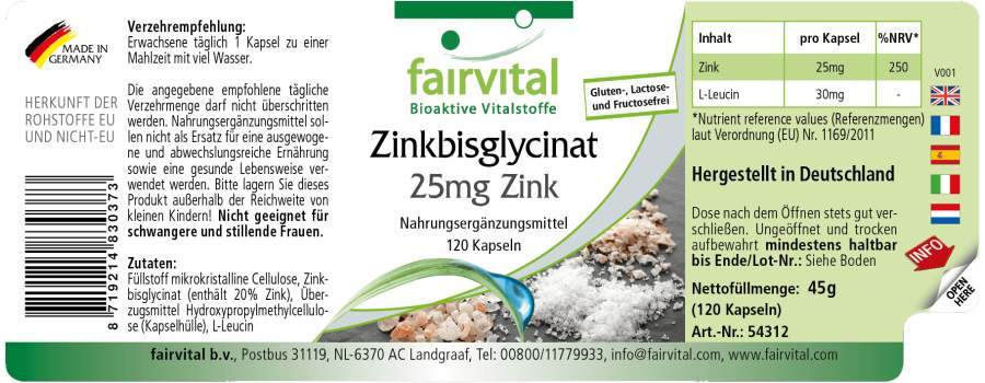 Bisglicinato de zinc con 25mg de zinc - 120 cápsulas