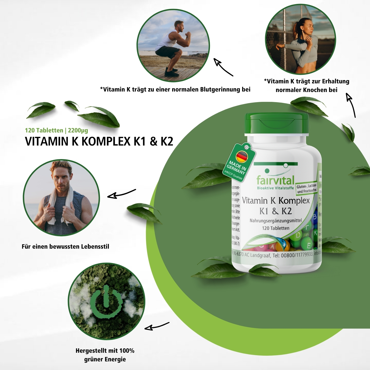 Vitamin K Komplex K1 & K2 - 120 Tabletten - für Knochen & Blutgerinnung - über 100% Bedarfsabdeckung - vegan | Fairvital