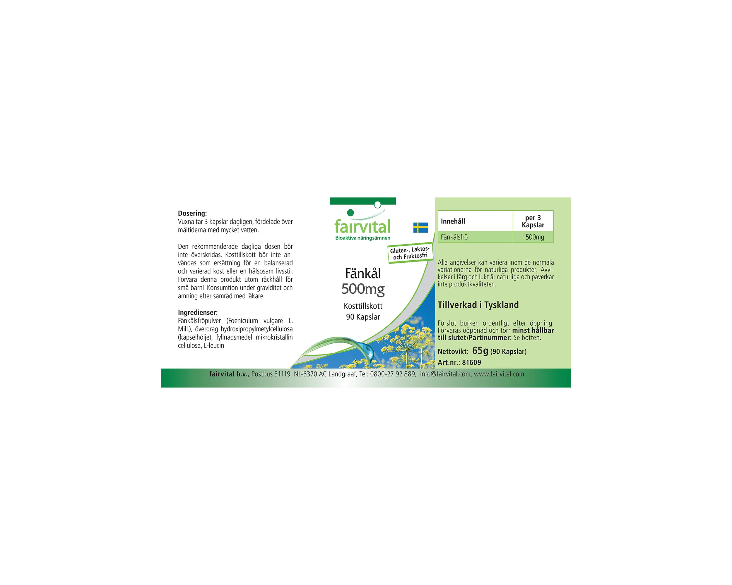 Hinojo 500mg - 90 cápsulas - Foeniculum vulgare Miller - Vegano | Fairvital