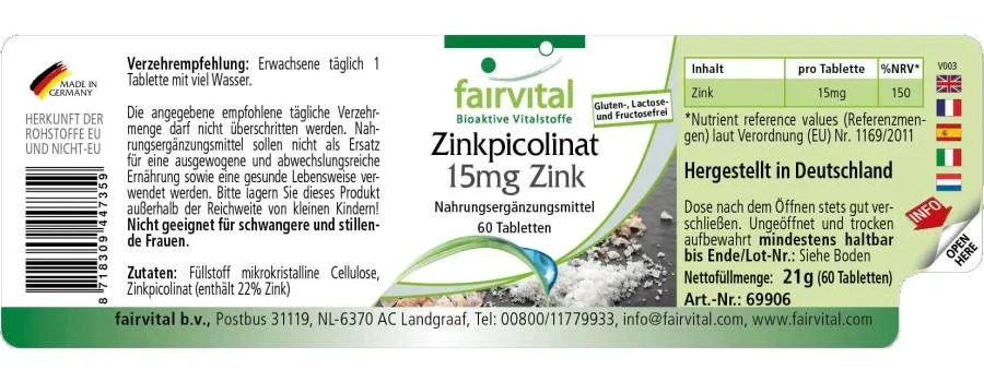 Picolinate de zinc avec 15mg de zinc - 60 comprimés