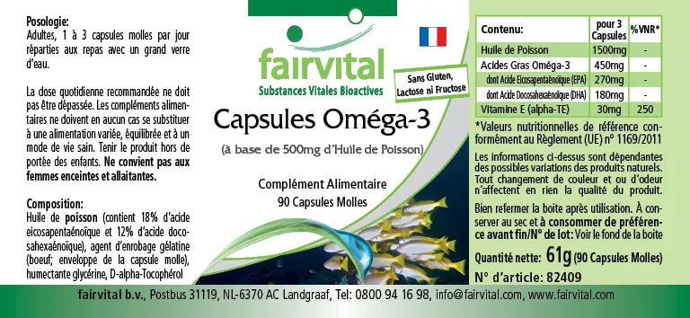 Omega-3-Kapseln aus 500mg Fischöl - 90 Softgels - für Blutdruck, Herz und Zellschutz | Fairvital Omega-3-Kapseln aus 500mg Fischöl - 90 Softgels - für Blutdruck, Herz und Zellschutz | Fairvital