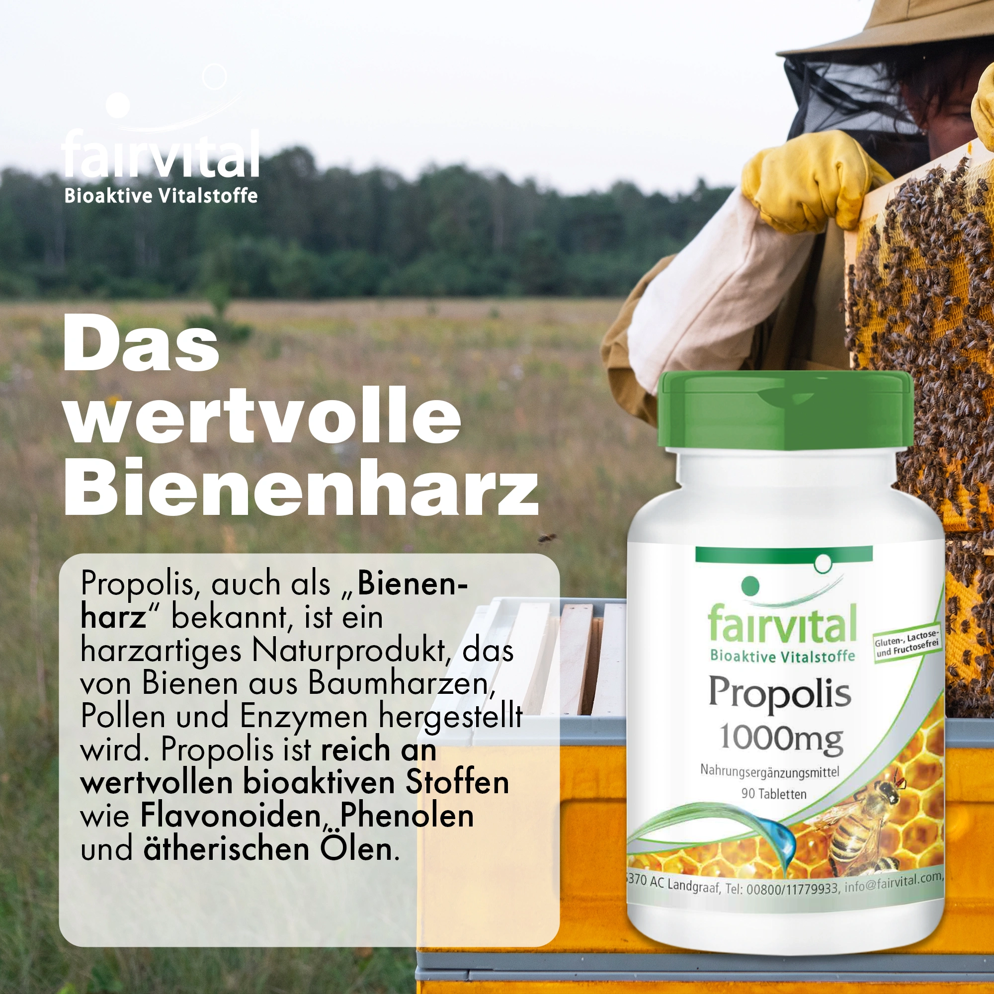 Propolis d'abeille 1000 mg - 90 comprimés - Extrait naturel de résine d'abeille - 3 % de galangine - Hautement dosé | Fairvital
