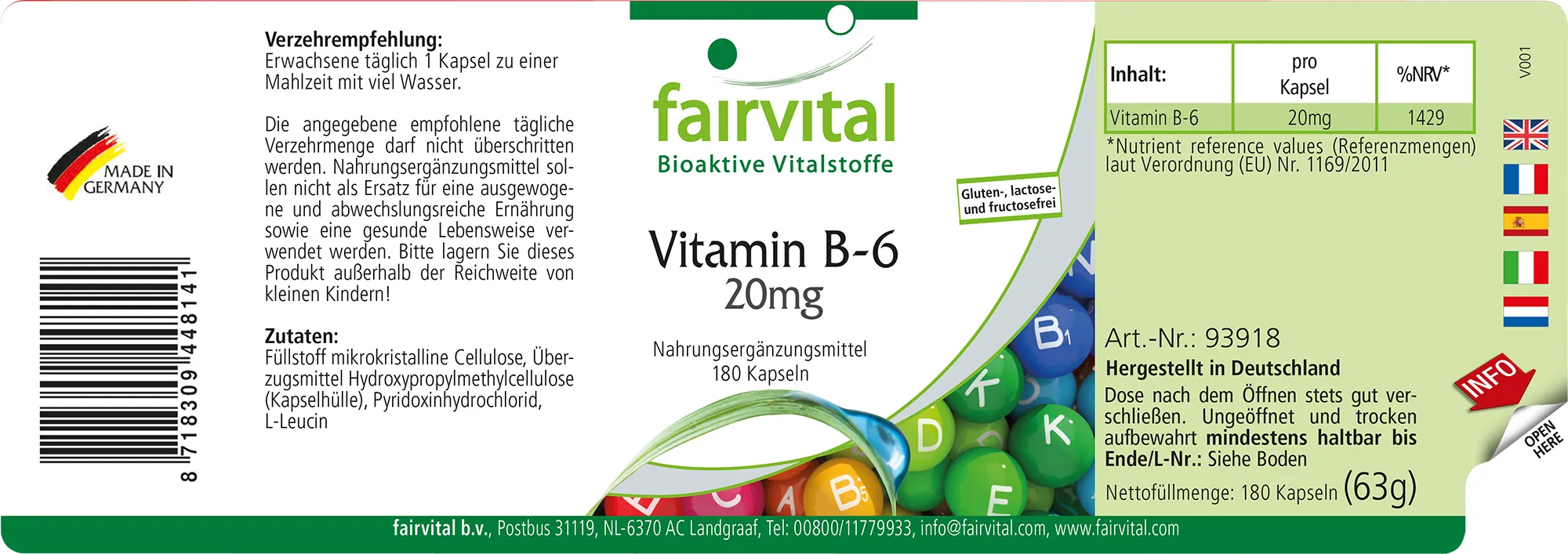 Vitamin B-6 20mg-180 Kapseln-Pyridoxinhydrochlorid-Hochdosiert & Vegan | Fairvital Vitamin B-6 20mg-180 Kapseln-Pyridoxinhydrochlorid-Hochdosiert & Vegan | Fairvital