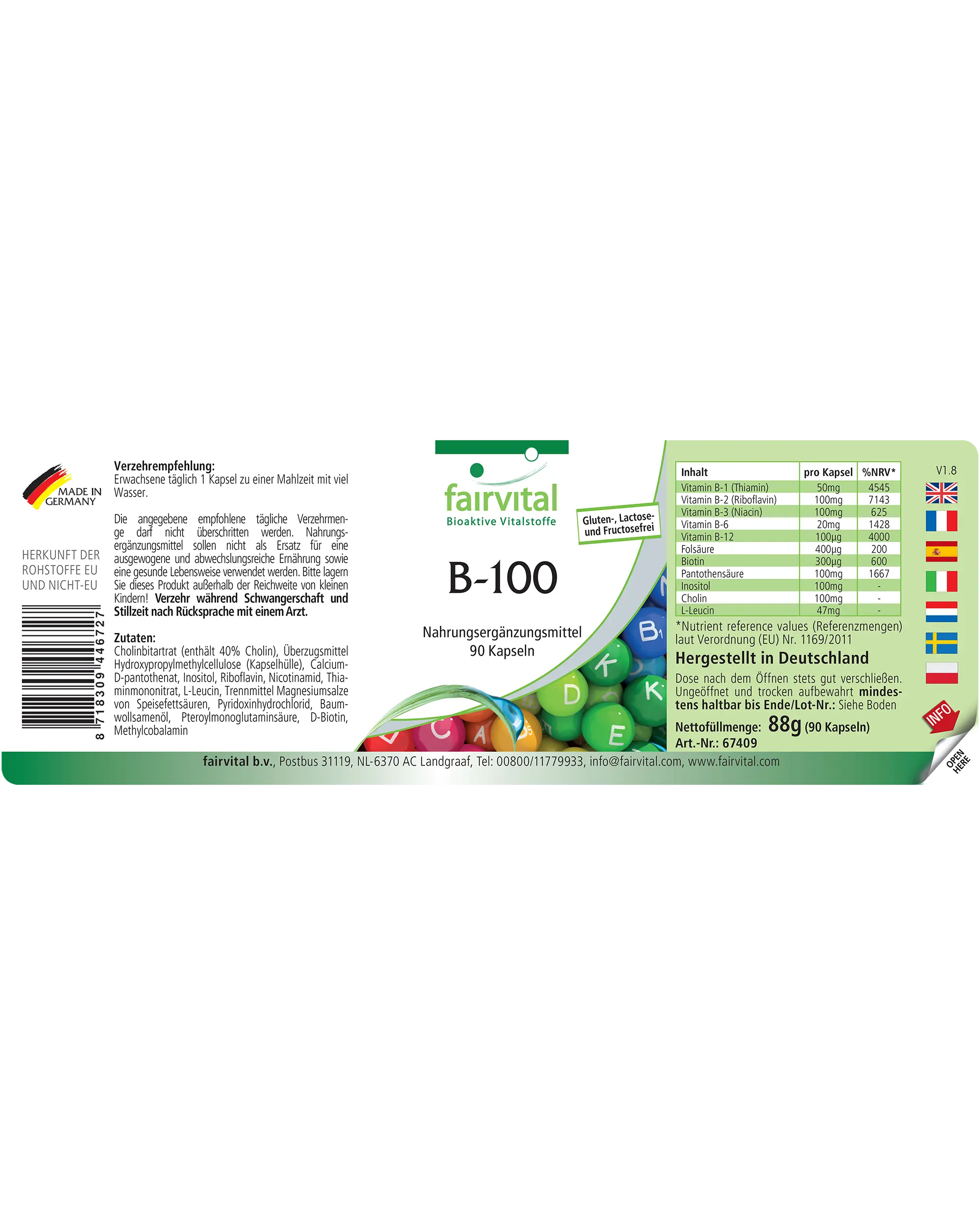 B-100 Komplex  - 90 Kapseln - alle B-Vitamine (B1, B2, B3, B5, B6, B7, B9, B12) für Haare, Haut und gegen Müdigkeit - abgedeckter Bedarf - Vegan | Fairvital