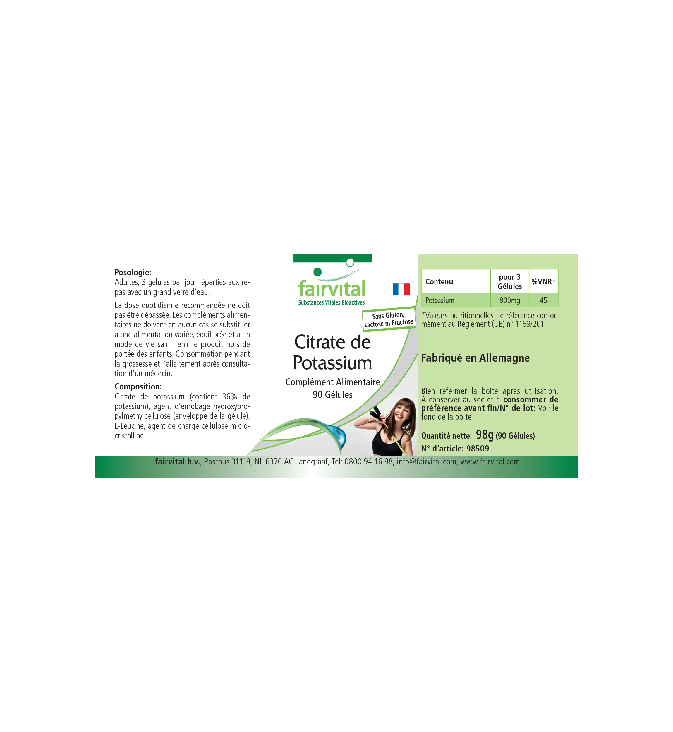 Citrate de potassium 900 mg - 90 gélules - pour le système nerveux, la fonction musculaire et la pression artérielle - vegan | Fairvital