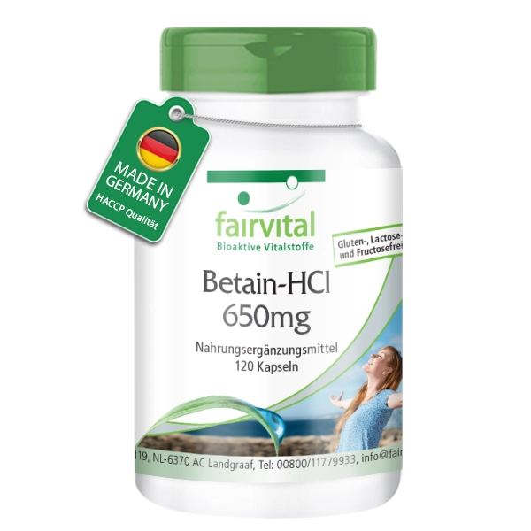 Betain HCL 650mg - 120 Kapseln - Betain Hydrochlorid Kapseln - Hochdosiert und Vegan | Fairvital