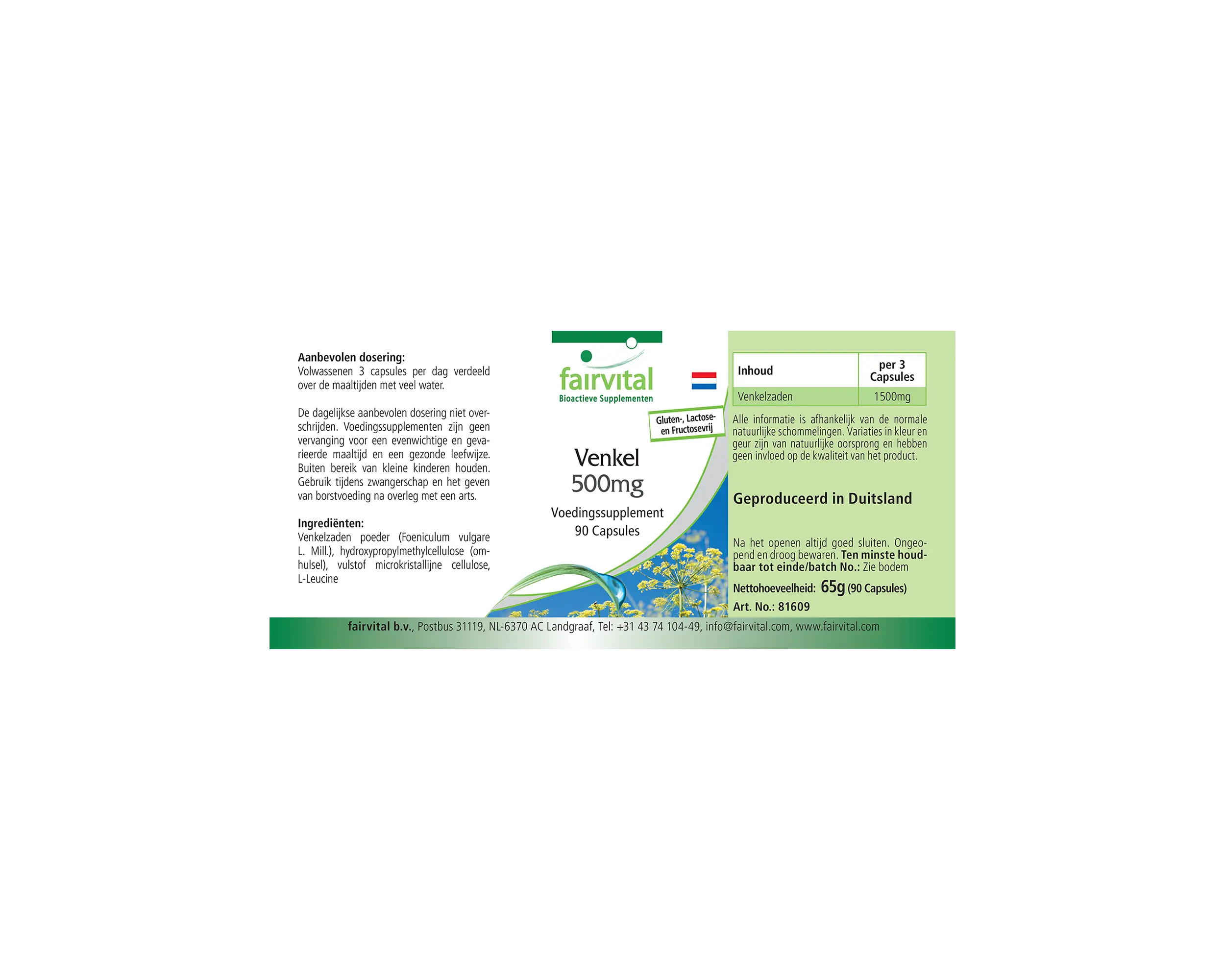 Hinojo 500mg - 90 cápsulas - Foeniculum vulgare Miller - Vegano | Fairvital