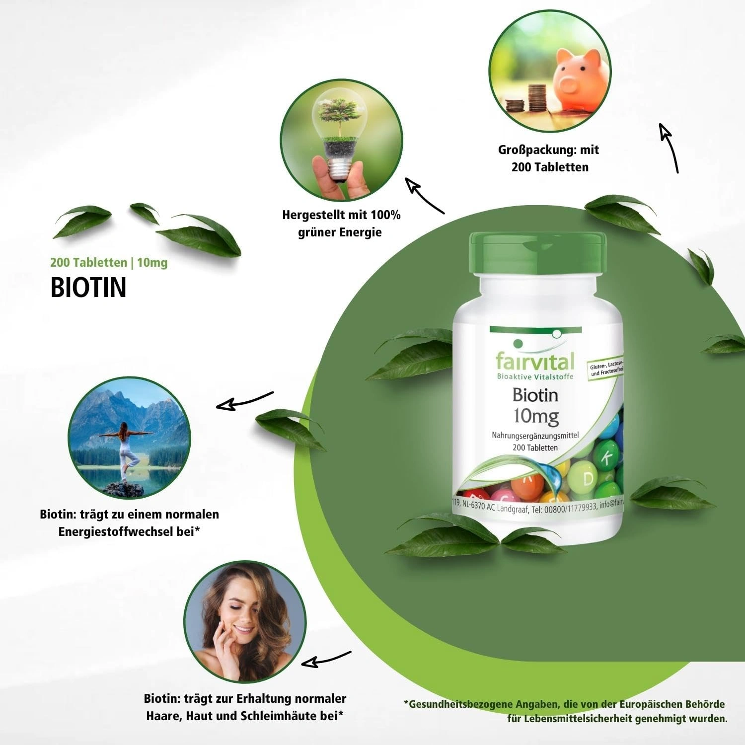 Biotin 10mg  - 200 Tabletten - Schluckfreundlich - Mit 10000mcg Vitamin B7 pro Tablette - Für Haare; Haut; und Nervensystem - Abgedeckter Bedarf - Hochdosiert und Vegan | Fairvital