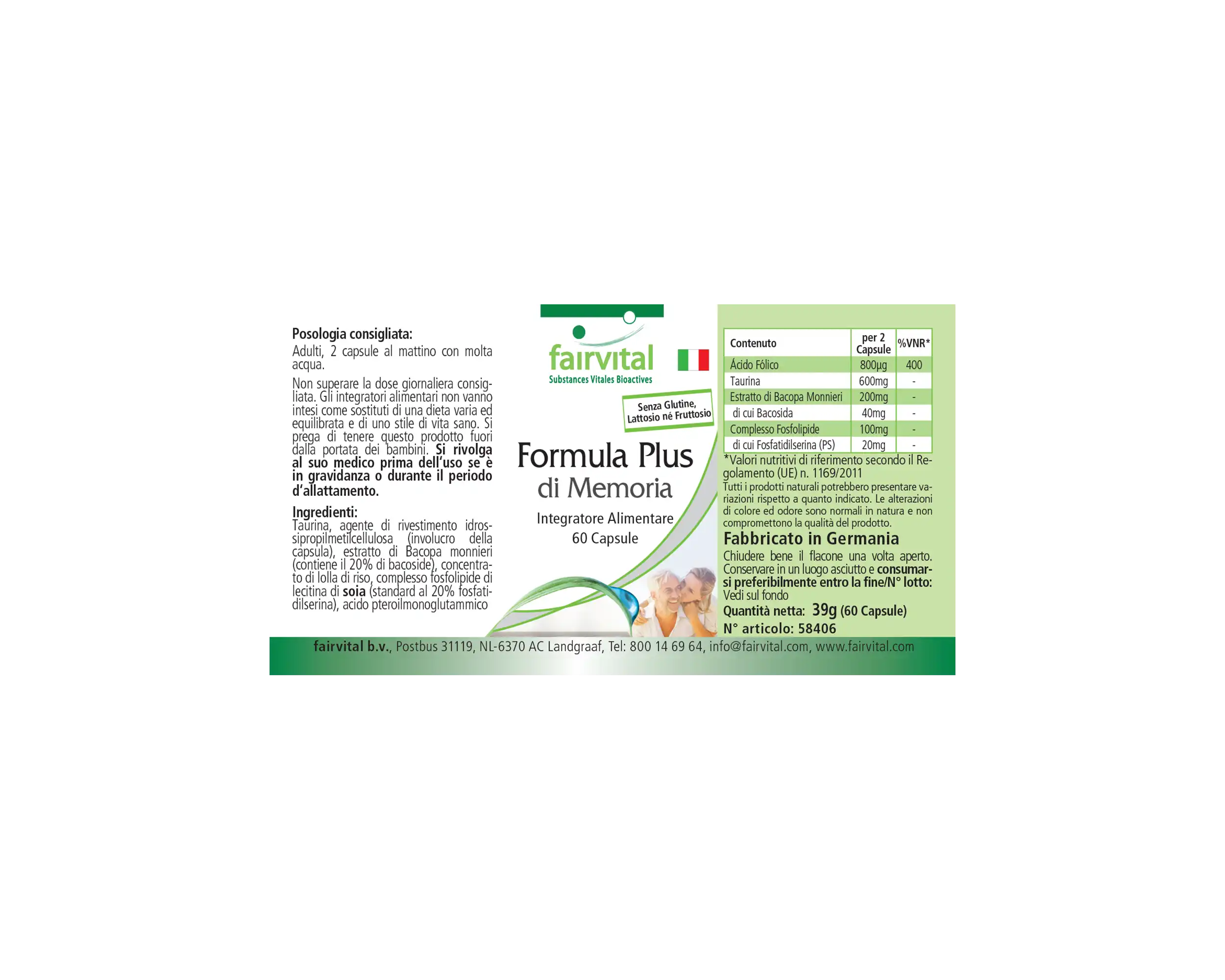 Gedächtnis Formel Plus - 60 Kapseln - mit Brahmi (Bacopa Monnieri), Ginkgo uvm. - Hochdosiert und Vegan | Fairvital