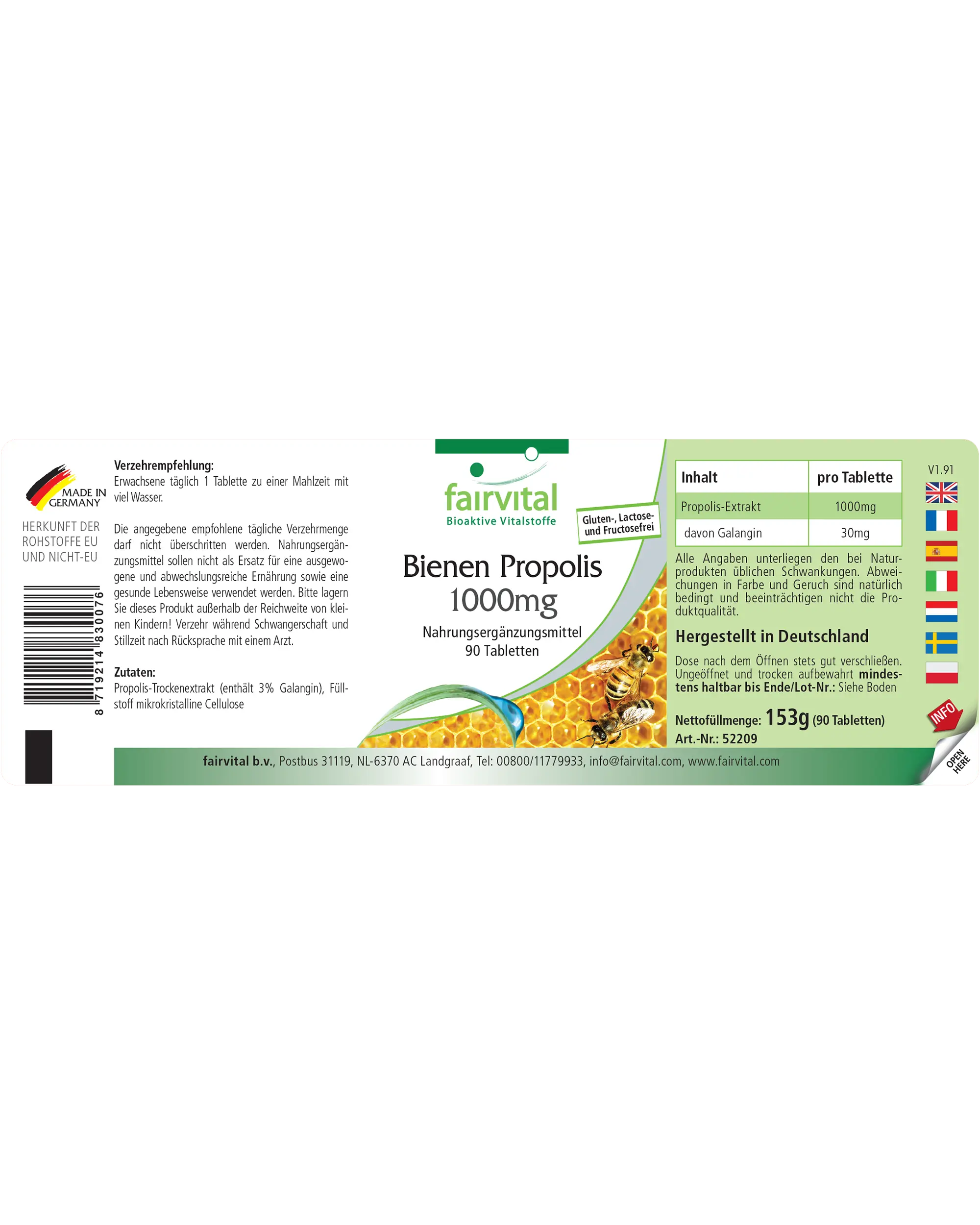 Bienen Propolis 1000mg - 90 Tabletten - Natürliches Bienenharz Extrakt - 3% Galangin - Hochdosiert | Fairvital Bienen Propolis 1000mg - 90 Tabletten - Natürliches Bienenharz Extrakt - 3% Galangin - Hochdosiert | Fairvital
