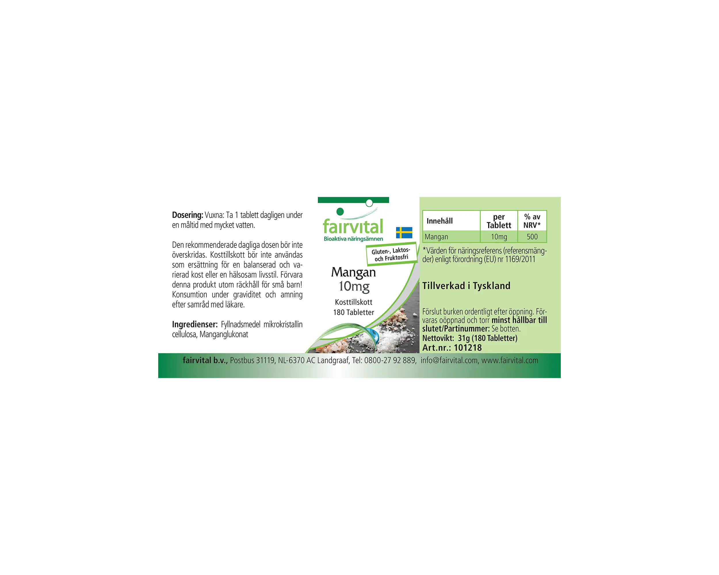 Mangan 10mg - 180 Tabletten - für Knochen, Energie uvm. - hochdosiert und vegan | Fairvital