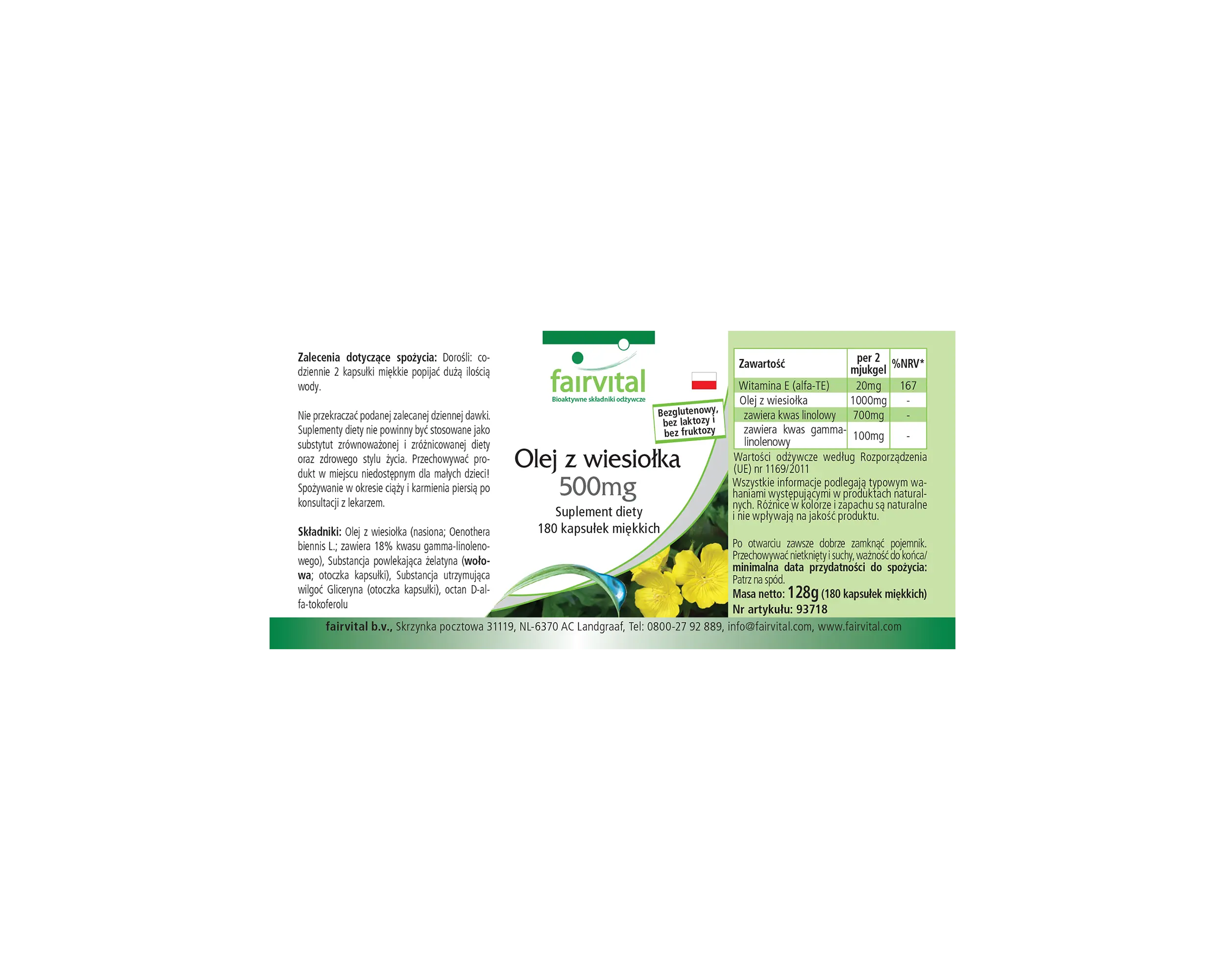 Aceite de onagra 500 mg - 180 cápsulas blandas - con vitamina E - más del 100% del requerimiento diario | Fairvital