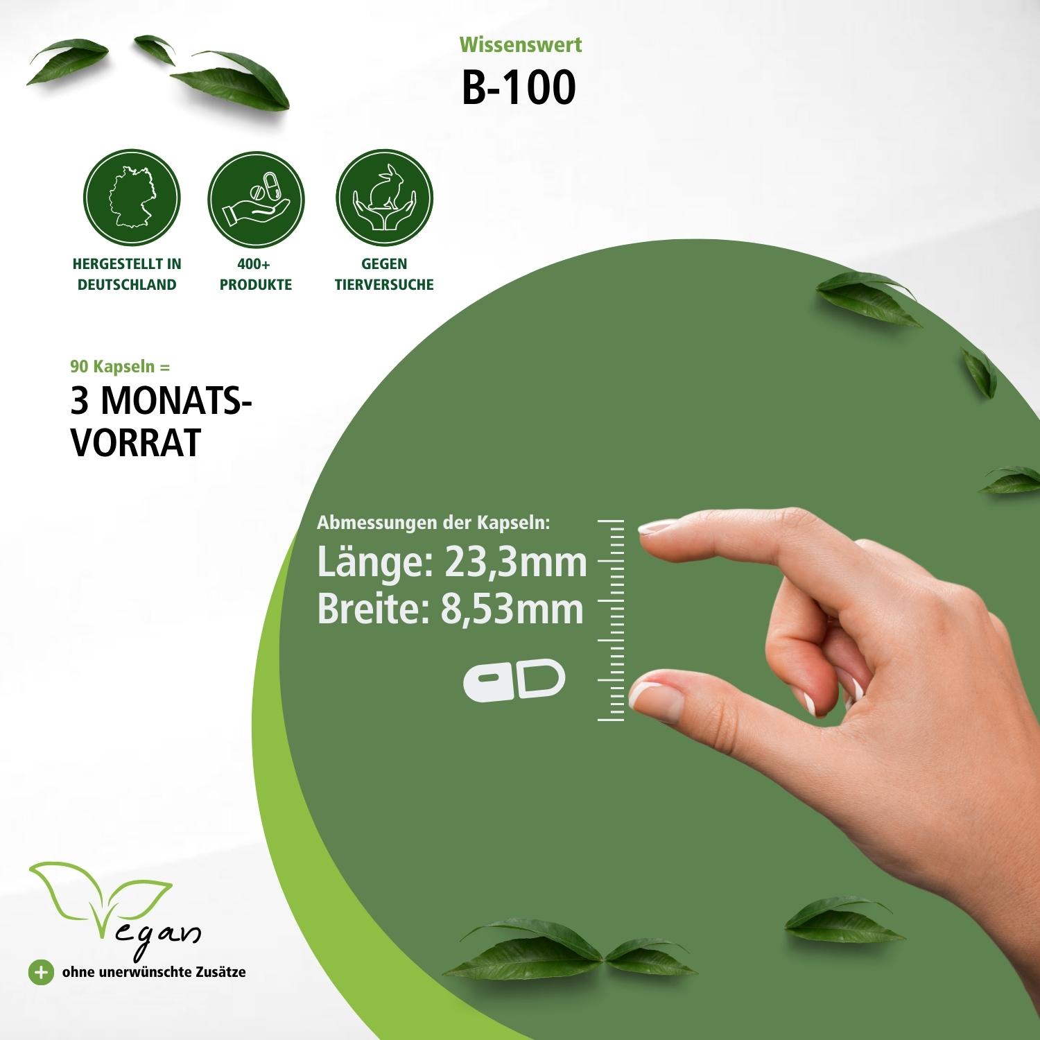 B-100 - 90 Kapseln - Komplex aller B-Vitamine - für Haare, Haut & gegen Müdigkeit - abgedeckter Bedarf - vegan | Fairvital