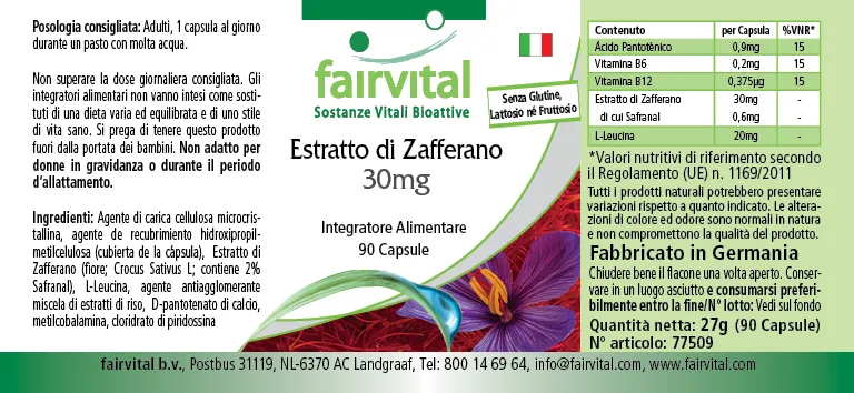 Safran Extrakt 30mg - 90 Kapseln mit Pantothensäure, Vitamin B12 uvm. - für Immunsystem, Zellteilung uvm. | Fairvital Safran Extrakt 30mg - 90 Kapseln mit Pantothensäure, Vitamin B12 uvm. - für Immunsystem, Zellteilung uvm. | Fairvital