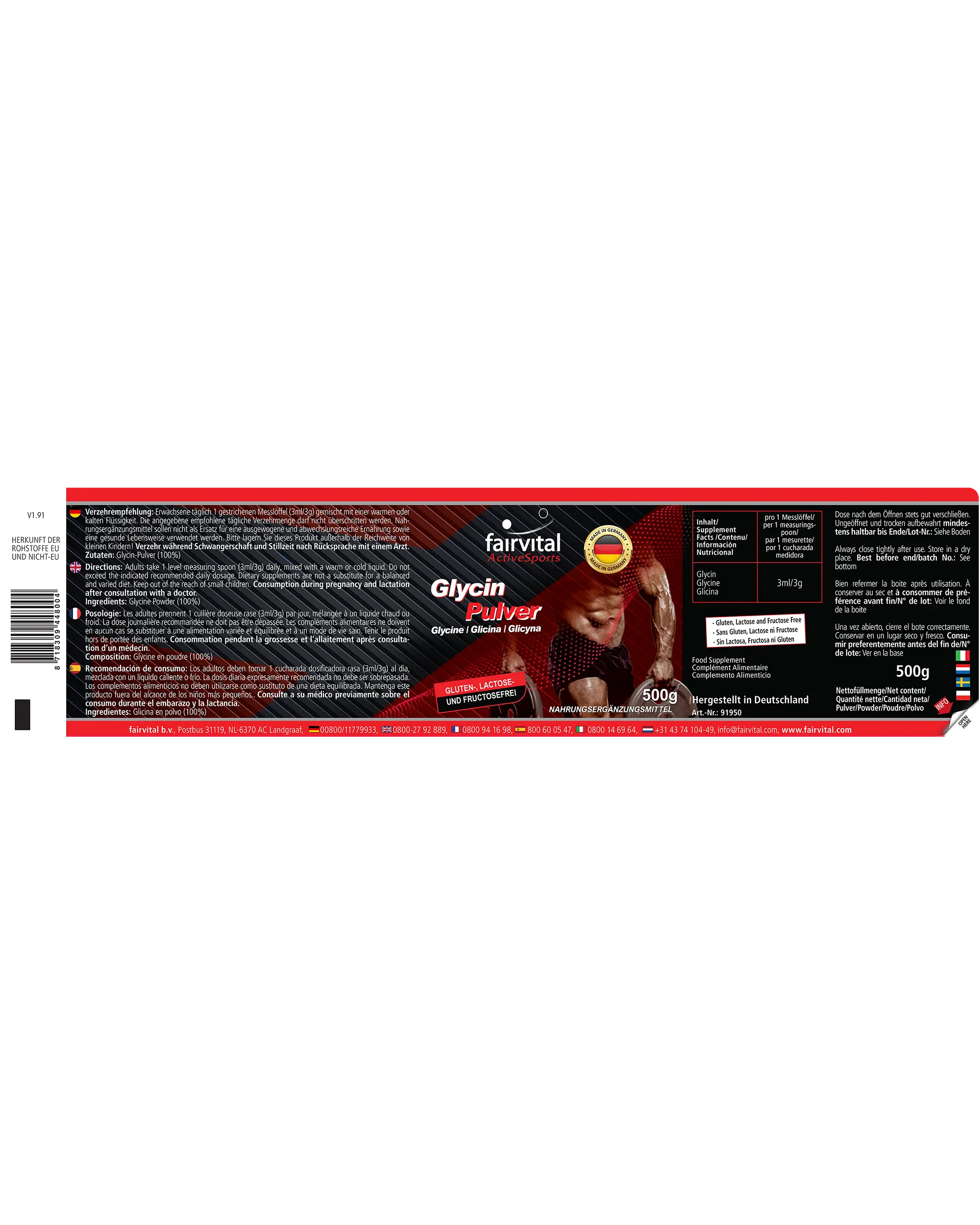 Glycine Powder 500g - Amino Acid - Active Sports - 100% Pure Glycine Powder Without Additives - Vegan | Fairvital