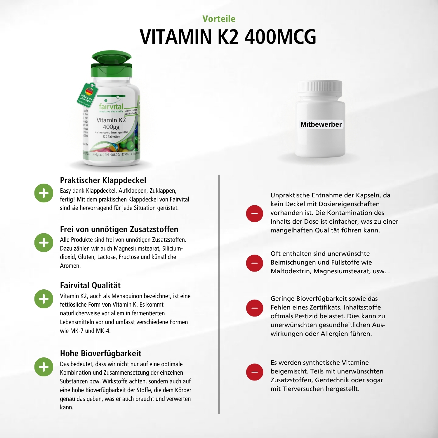 Vitamin K2 400μg - 120 Tabletten - für Knochen und Blutgerinnung - hochdosiert und vegan | Fairvital