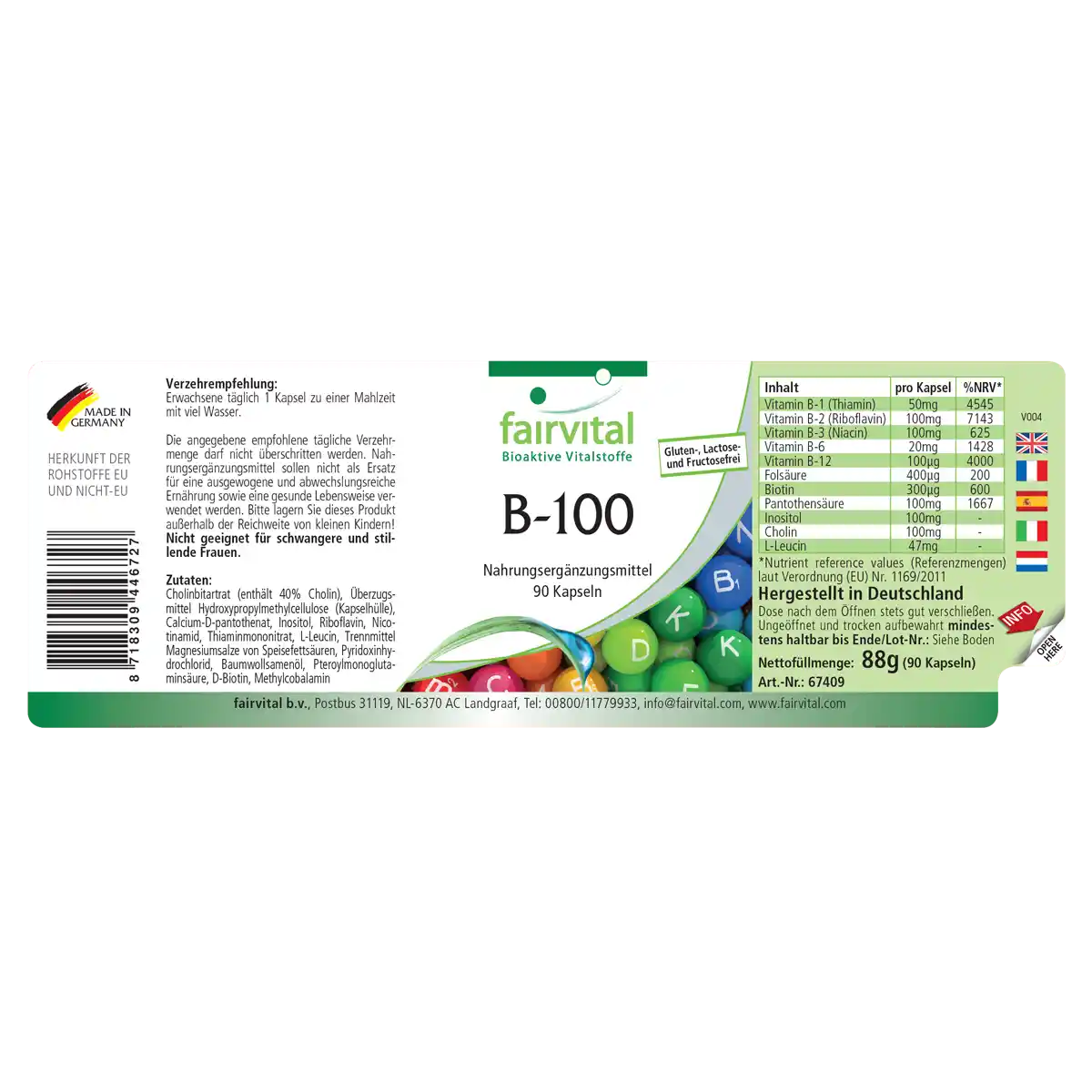 B-100 Komplex - alle B-Vitamine (B1, B2, B3, B5, B6, B7, B9, B12) für Haare, Haut ung gegen Müdigkeit - 90 Kapseln - Hochdosiert und Vegan | Fairvital B-100 Komplex - alle B-Vitamine (B1, B2, B3, B5, B6, B7, B9, B12) für Haare, Haut ung gegen Müdigkeit - 90 Kapseln - Hochdosiert und Vegan | Fairvital