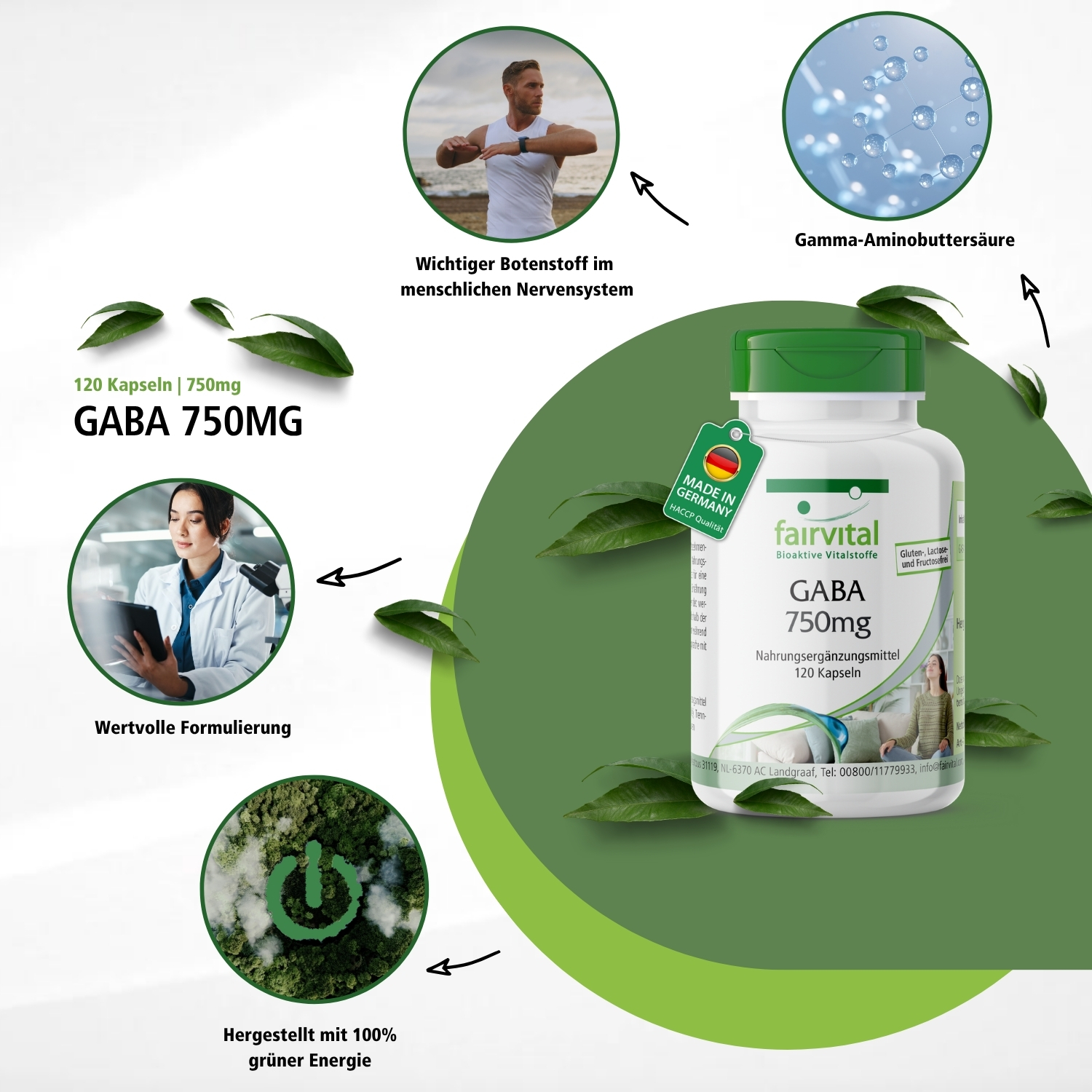 GABA 750mg - 120 Kapseln - Gamma-Aminobuttersäure - hochdosiert und vegan | Fairvital