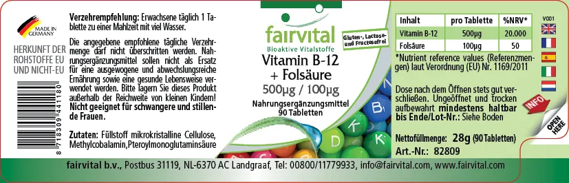 Vitamina B-12 + Folsäure 500µg / 100µg - 90 comprimidos Vitamina B-12 + Folsäure 500µg / 100µg - 90 comprimidos