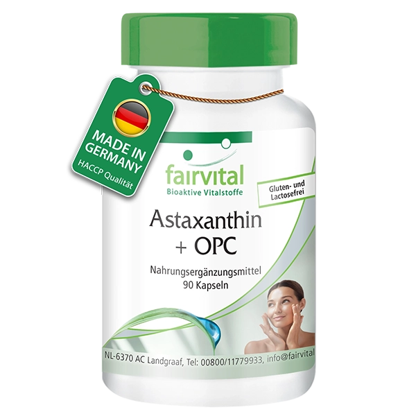 Astaxanthin + OPC mit Vitamin C und Vitamin E für Immunsystem und Kollagenbildung - 90 Kapseln - Hochdosiert und Vegan | Fairvital Astaxanthin + OPC mit Vitamin C und Vitamin E für Immunsystem und Kollagenbildung - 90 Kapseln - Hochdosiert und Vegan | Fairvital