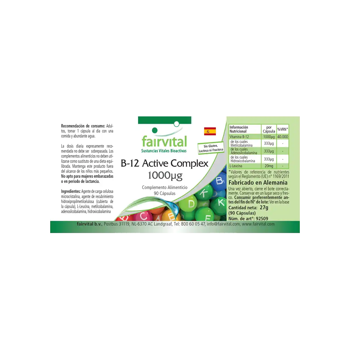 B-12 Aktiv-Komplex 1000µg - mit Vitamin B12 - 90 Kapseln - Vegan | Fairvital B-12 Aktiv-Komplex 1000µg - mit Vitamin B12 - 90 Kapseln - Vegan | Fairvital