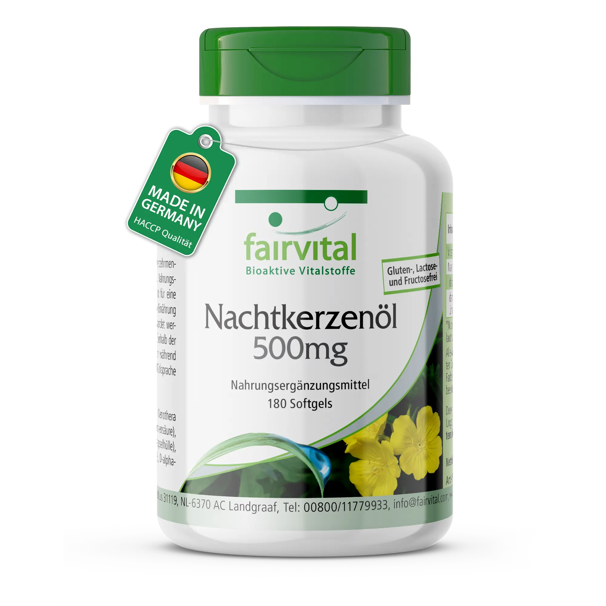 Nachtkerzenöl 500mg - 180 Softgels - mit Vitamin E - über 100% Bedarfsabdeckung | Fairvital