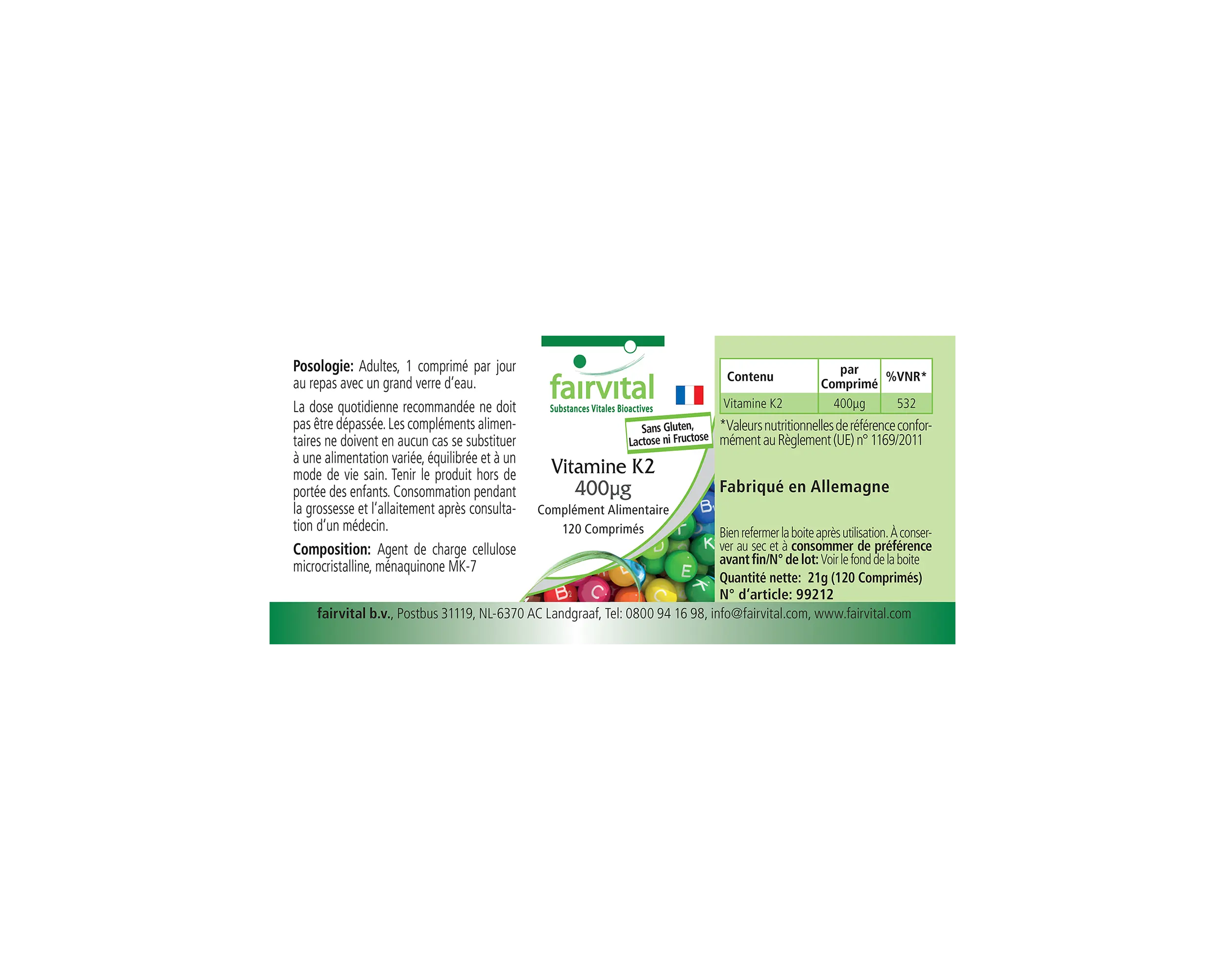Vitamin K2 400μg - 120 Tabletten - für Knochen und Blutgerinnung - hochdosiert und vegan | Fairvital