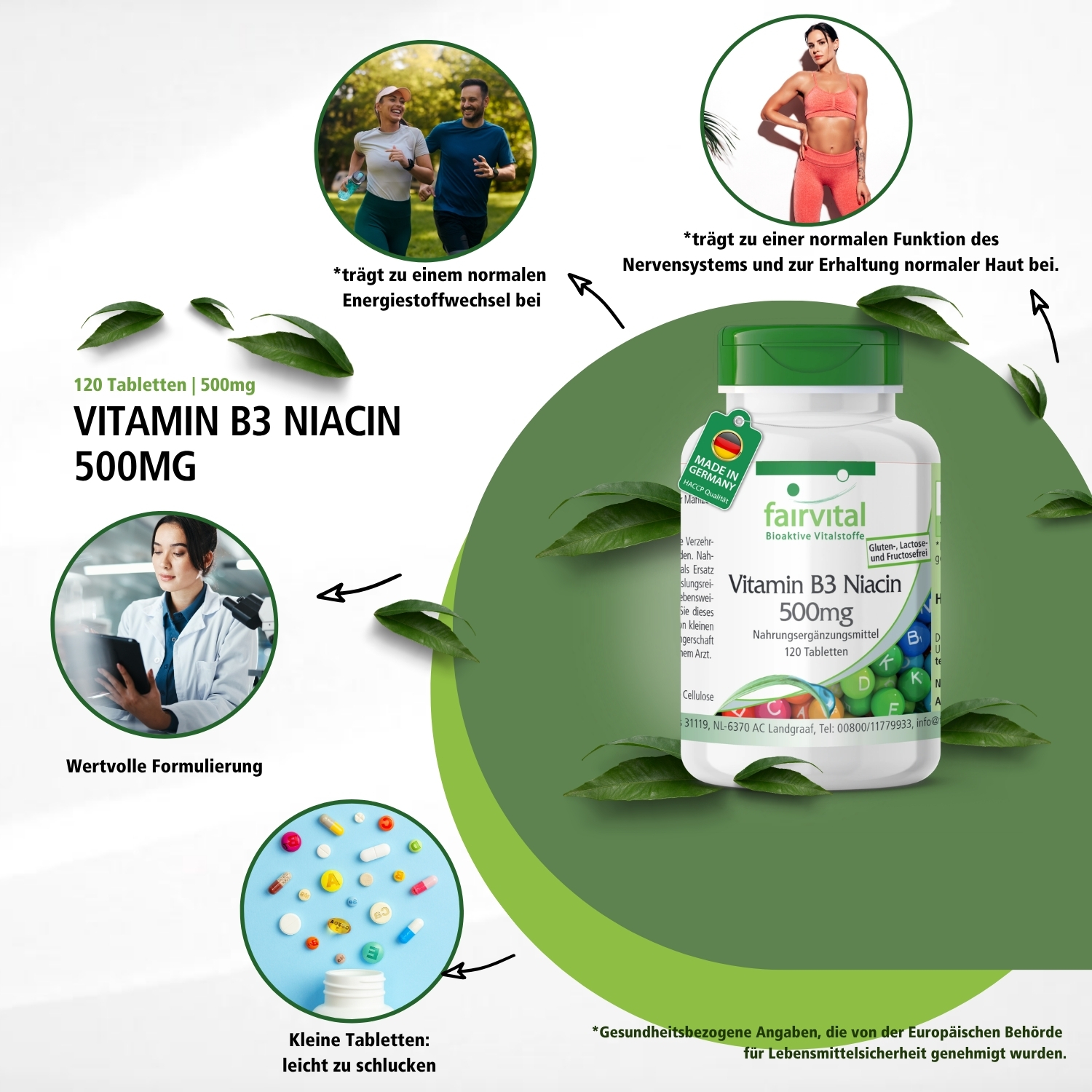 Vitamina B3 Niacina 500mg - 120 compresse - per energia, sistema nervoso e molto altro - ad alto dosaggio e vegano | Fairvital