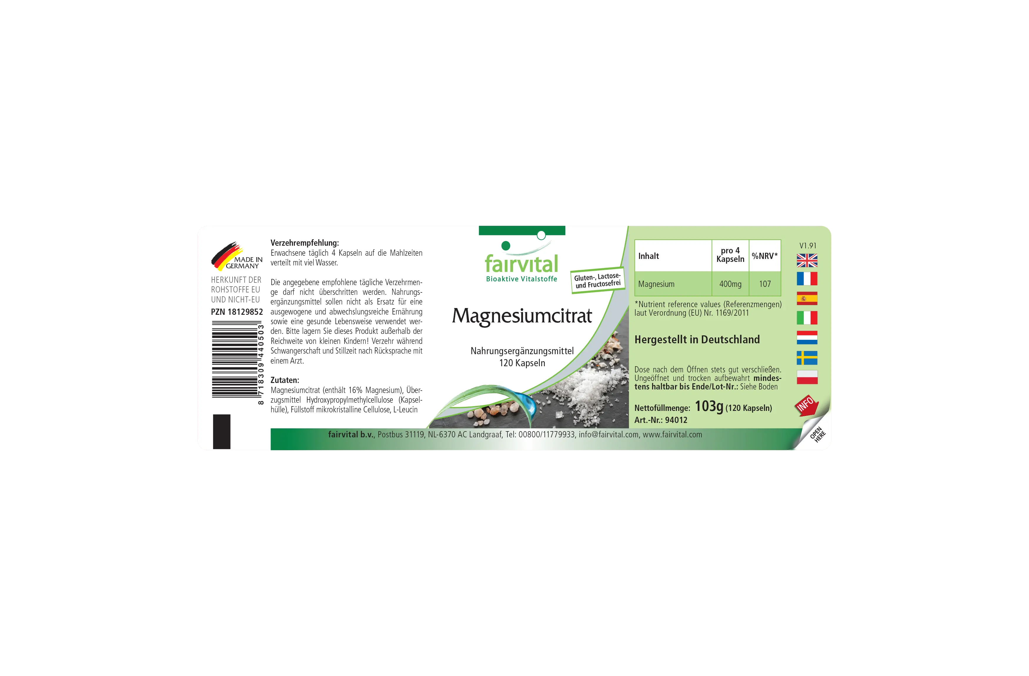 Magnesiumcitrat-120 Kapseln-Vegan | Fairvital