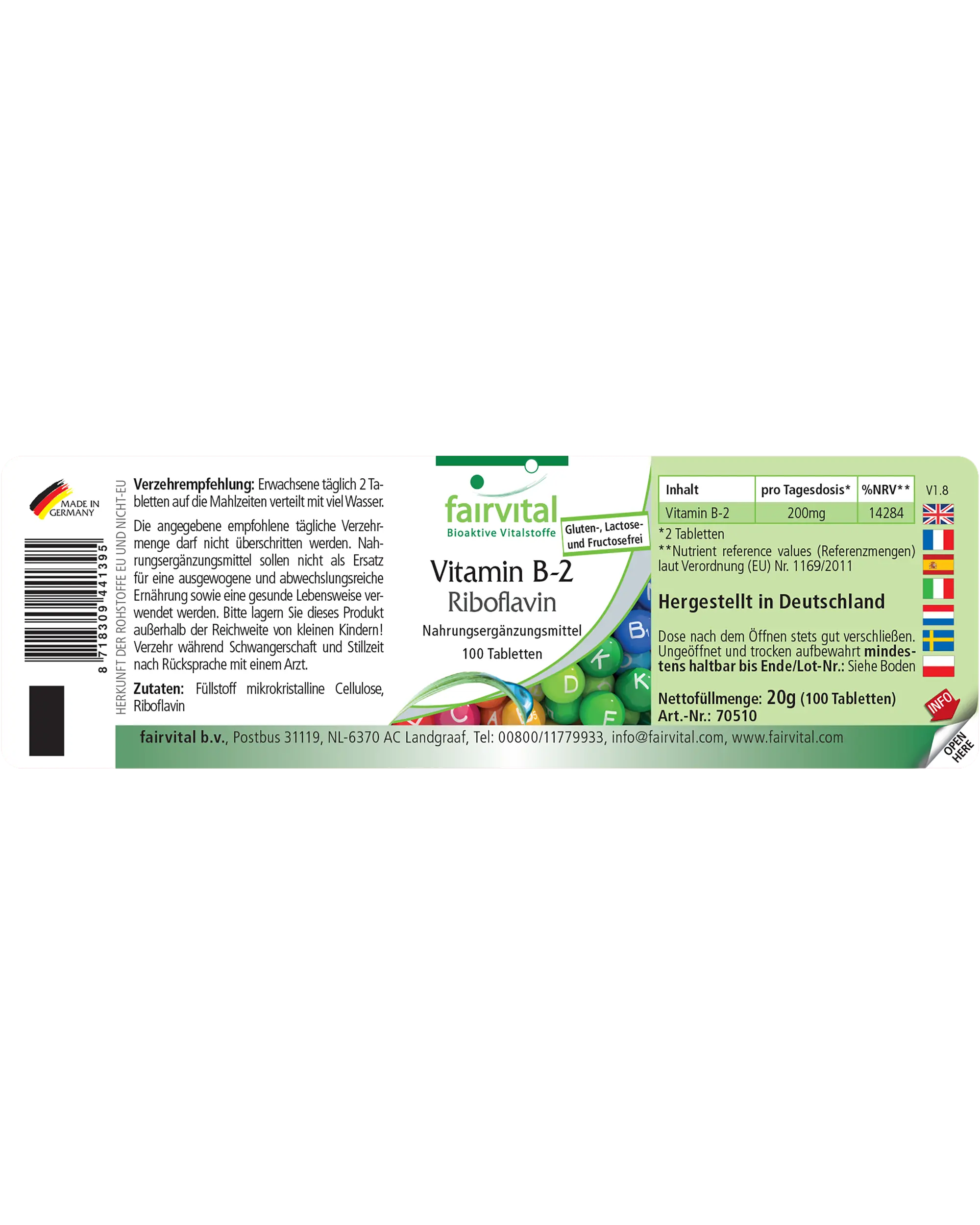 Vitamin B-2 Riboflavin - 100 Tabletten - für Sehkraft, Haut, Nervensystem uvm. - abgedeckter Bedarf - Vegan | Fairvital