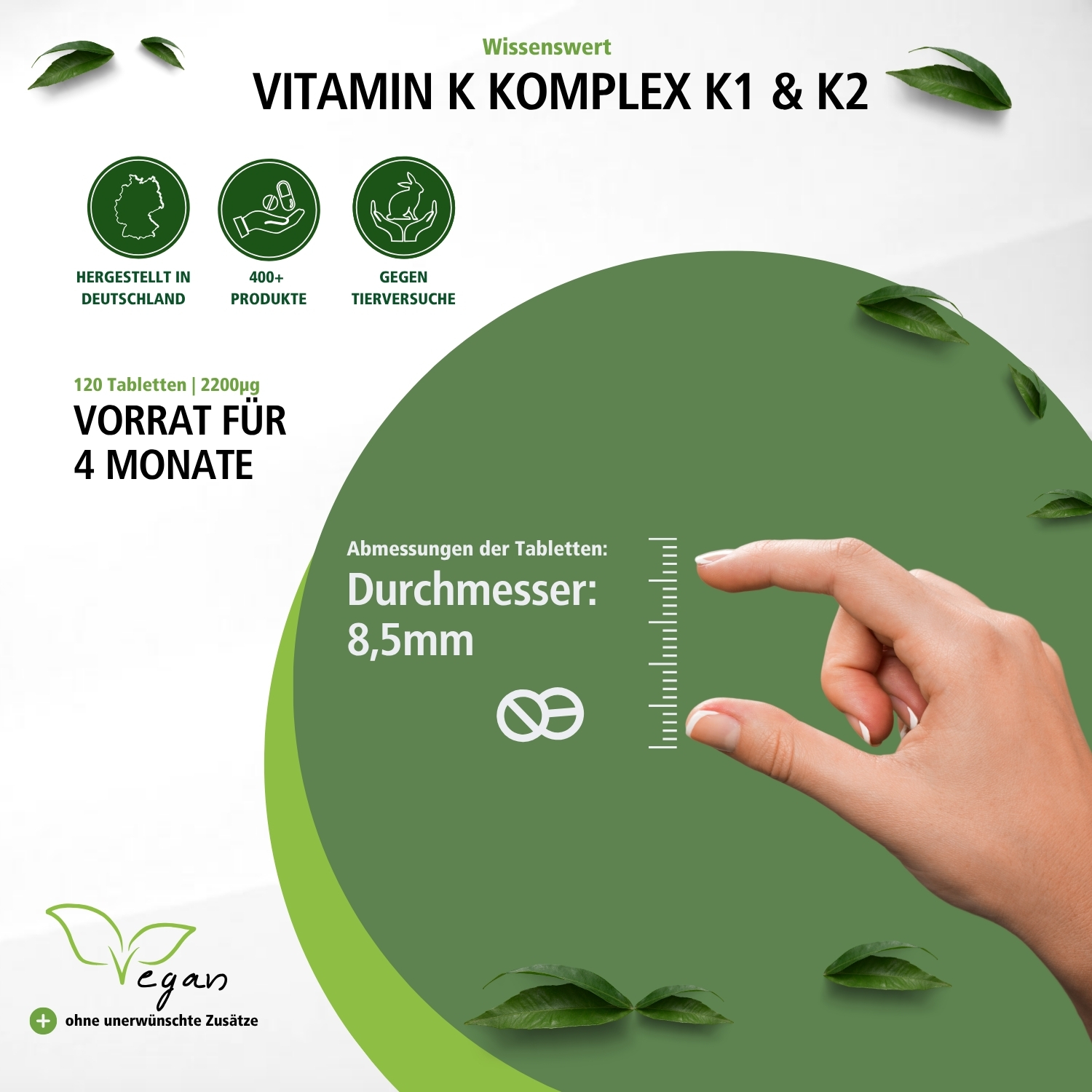 Vitamin K Komplex K1 & K2 - 120 Tabletten - für Knochen & Blutgerinnung - über 100% Bedarfsabdeckung - vegan | Fairvital