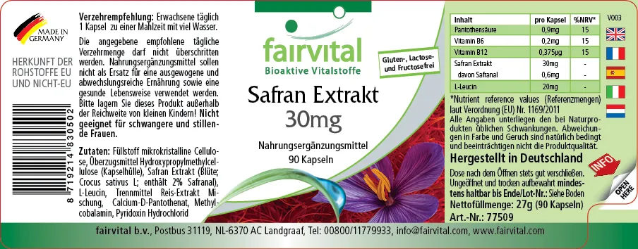 Safran Extrakt 30mg - 90 Kapseln mit Pantothensäure, Vitamin B12 uvm. - für Immunsystem, Zellteilung uvm. | Fairvital Safran Extrakt 30mg - 90 Kapseln mit Pantothensäure, Vitamin B12 uvm. - für Immunsystem, Zellteilung uvm. | Fairvital