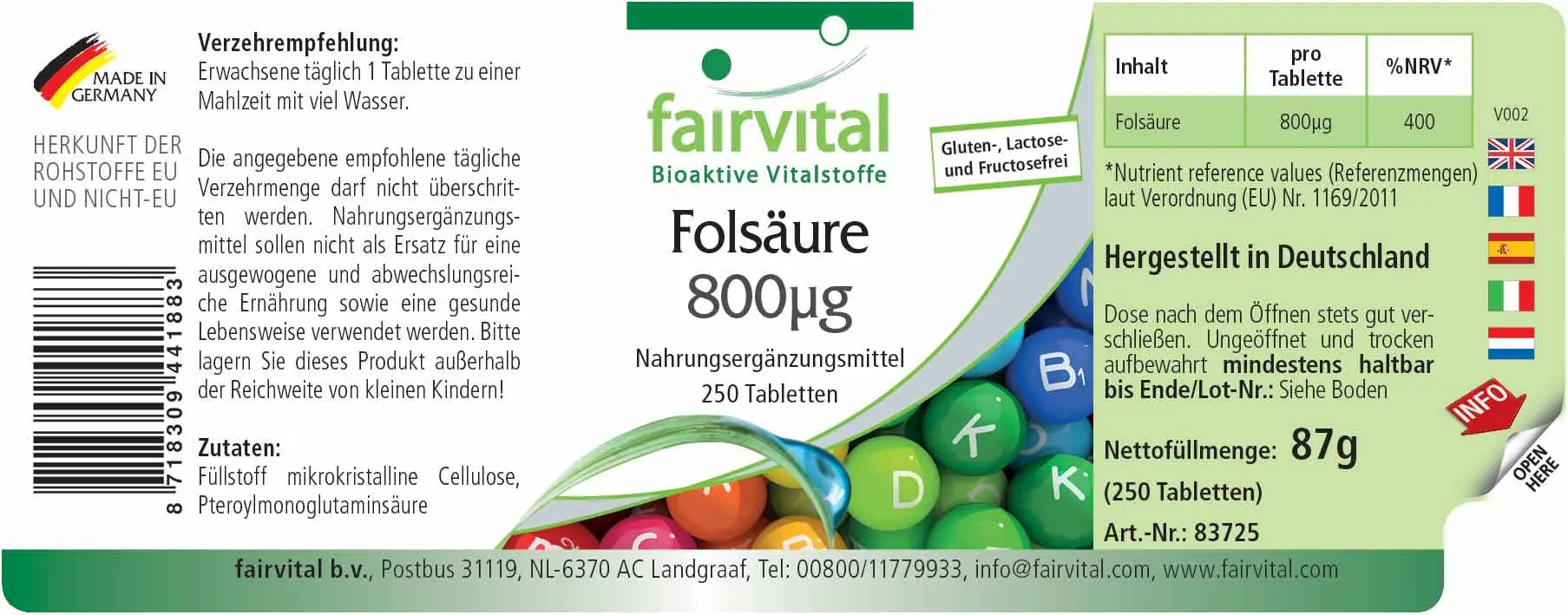 Acide folique 800µg - 250 comprimés