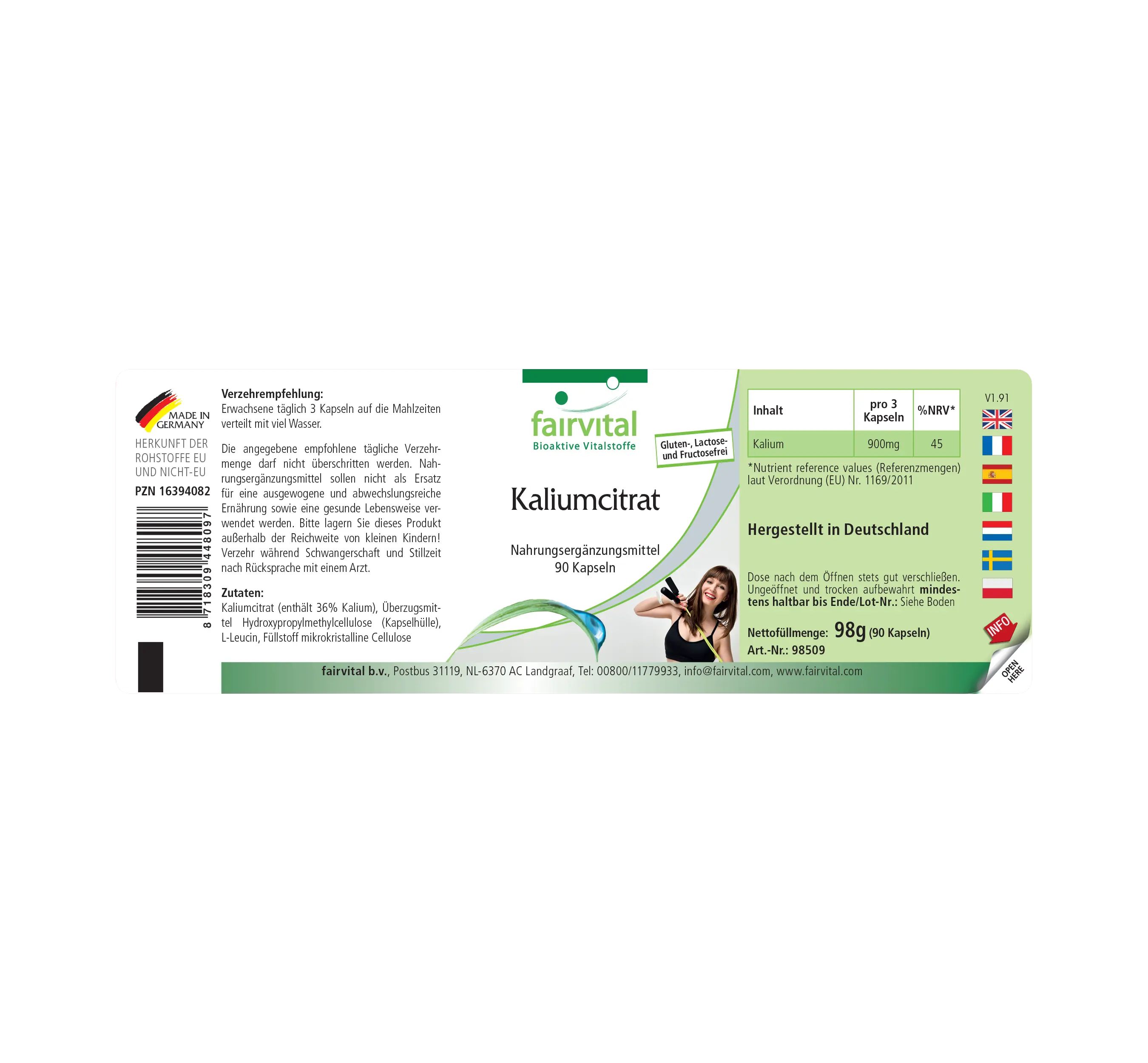 Citrate de potassium 900 mg - 90 gélules - pour le système nerveux, la fonction musculaire et la pression artérielle - vegan | Fairvital