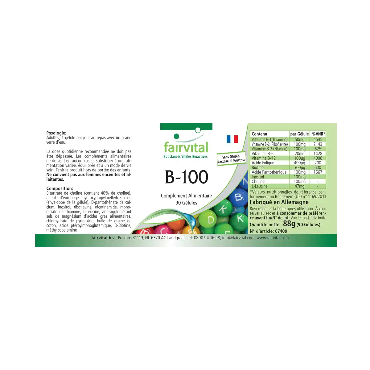 B-100 Komplex - alle B-Vitamine (B1, B2, B3, B5, B6, B7, B9, B12) für Haare, Haut ung gegen Müdigkeit - 90 Kapseln - Hochdosiert und Vegan | Fairvital B-100 Komplex - alle B-Vitamine (B1, B2, B3, B5, B6, B7, B9, B12) für Haare, Haut ung gegen Müdigkeit - 90 Kapseln - Hochdosiert und Vegan | Fairvital