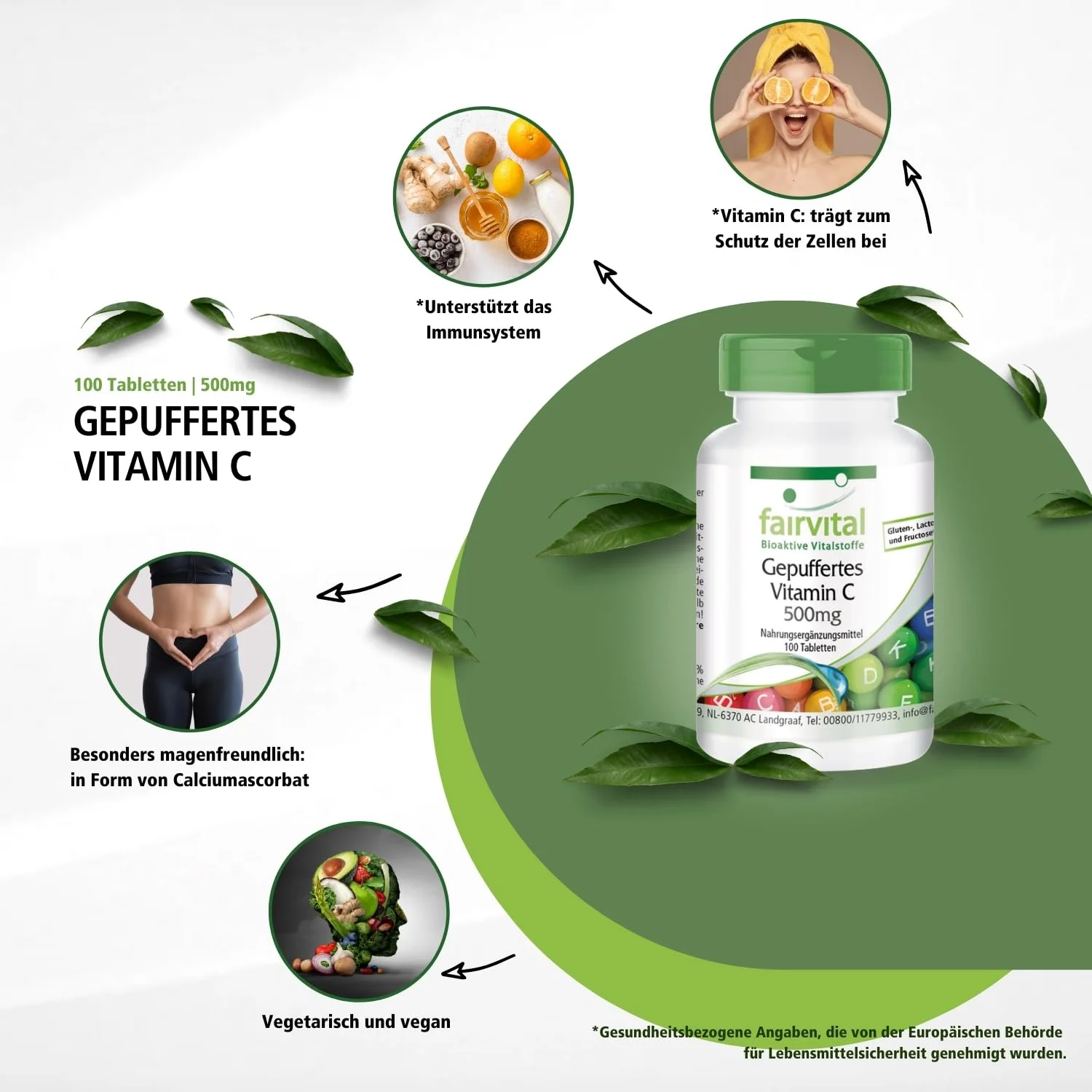 Gepuffertes Vitamin C 500mg - 100 Tabletten - für Immunsystem; Kollagenbildung uvm. - 625% tägliche Abdeckung - vegan - schluckfreundlich | Fairvital