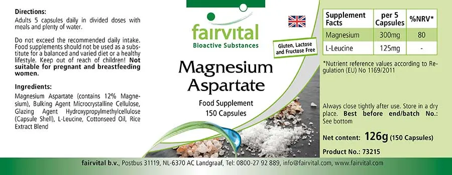 Magnesiumaspartat - 150 Kapseln - für Muskeln, Knochen, Elektrolytgleichgwicht uvm. | Fairvital Magnesiumaspartat - 150 Kapseln - für Muskeln, Knochen, Elektrolytgleichgwicht uvm. | Fairvital