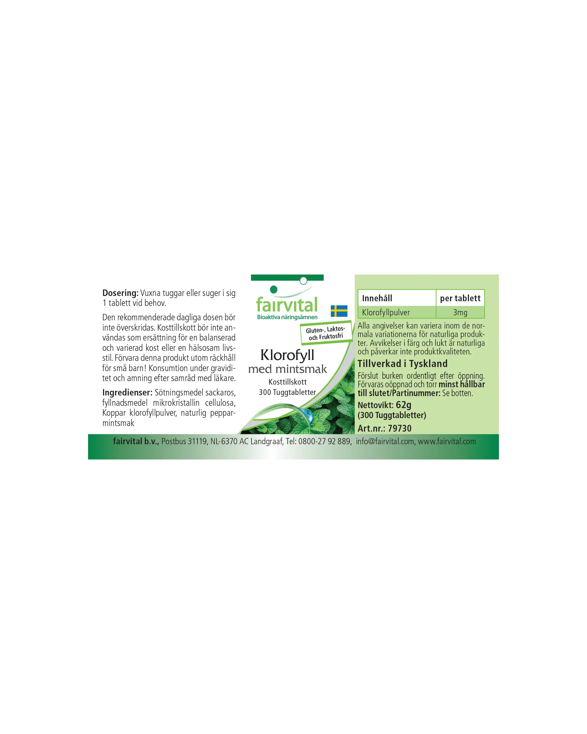 Chlorophylle avec Arôme de Menthe - 300 Comprimés à mâcher - végan | Fairvital