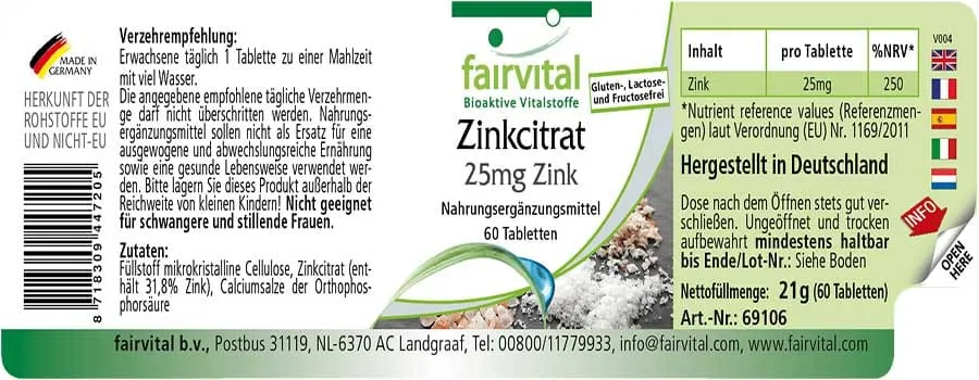 Zinc citrate containing 25mg zinc - 60 tablets