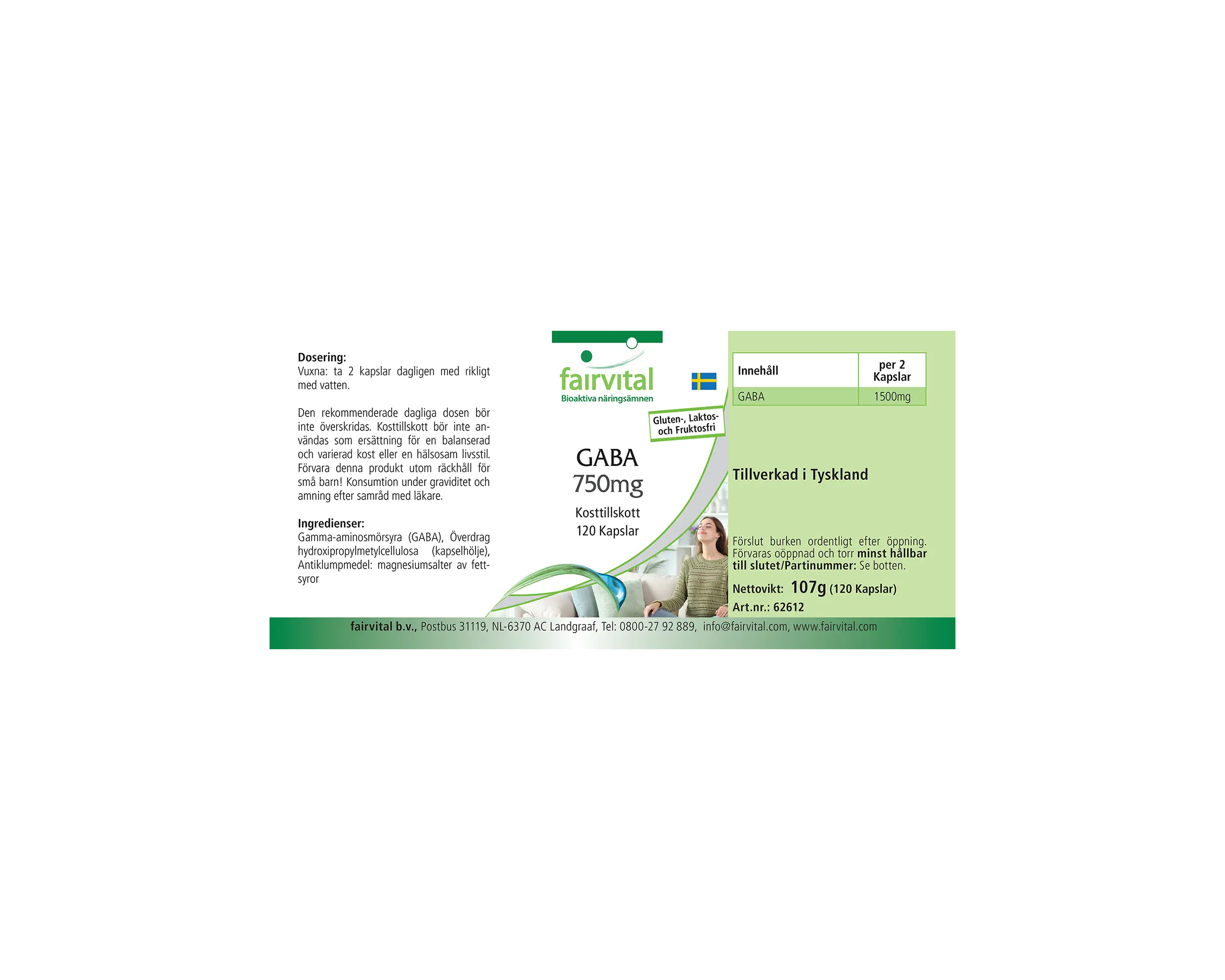 GABA 750mg - 120 Kapseln - Gamma-Aminobuttersäure - hochdosiert und vegan | Fairvital