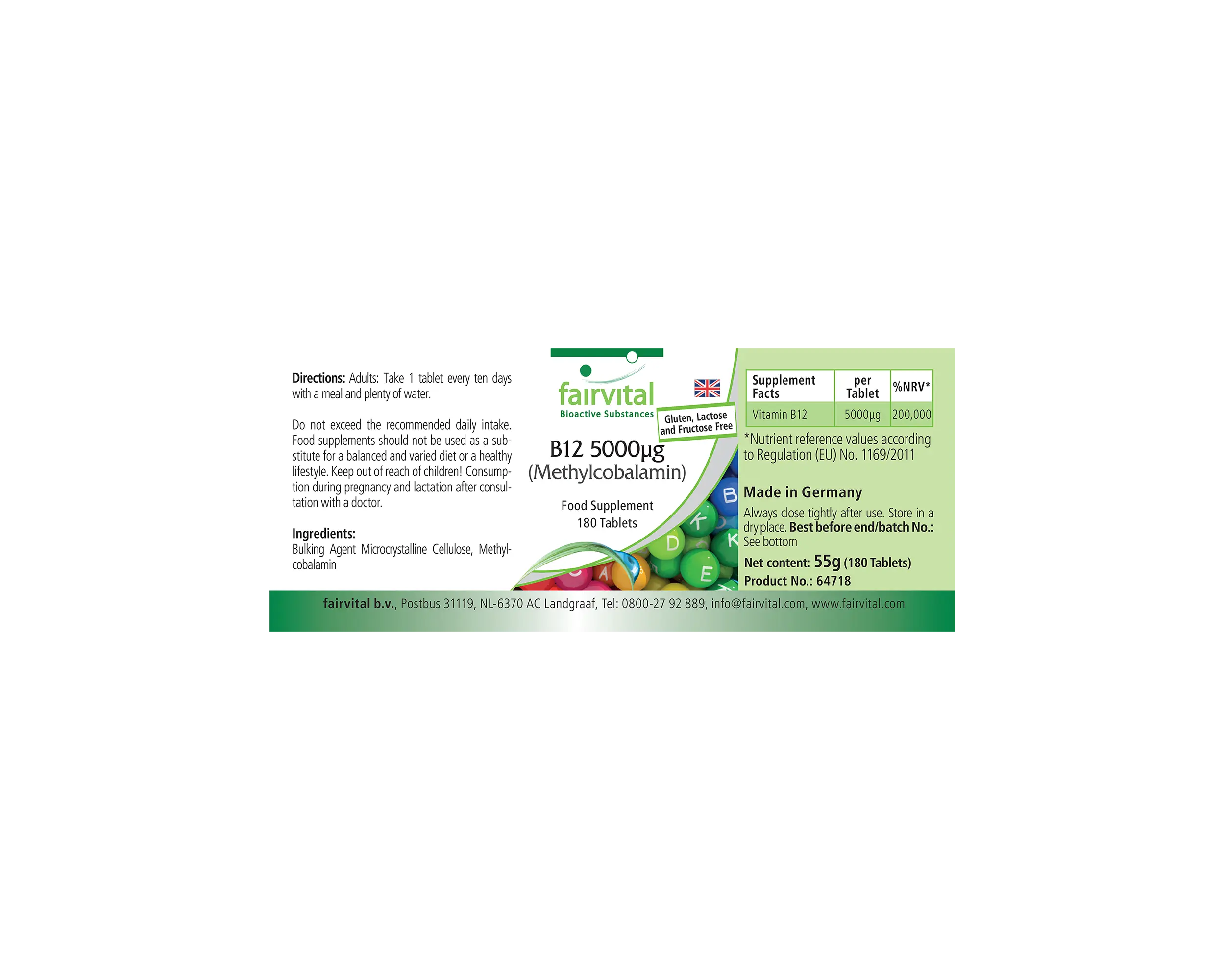 B12 5000μg (Methylcobalamin) - 180 Tabletten - für Energie, Nerven & Psyche - hochdosiert und vegan | Fairvital