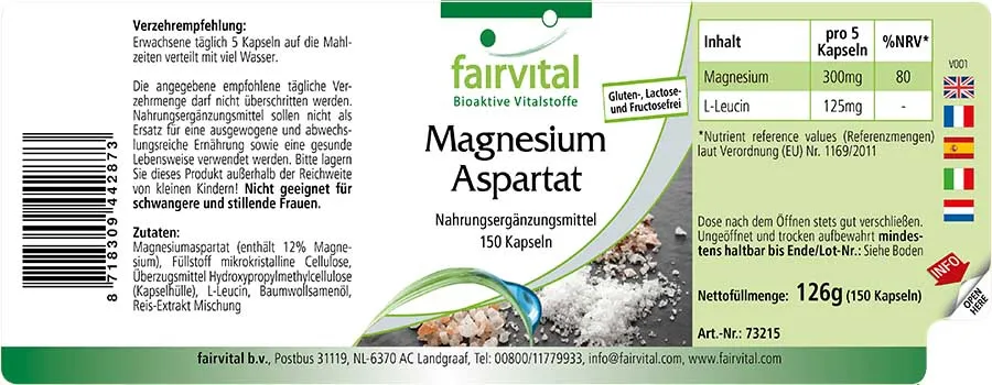 Magnesiumaspartat - 150 Kapseln - für Muskeln, Knochen, Elektrolytgleichgwicht uvm. | Fairvital Magnesiumaspartat - 150 Kapseln - für Muskeln, Knochen, Elektrolytgleichgwicht uvm. | Fairvital