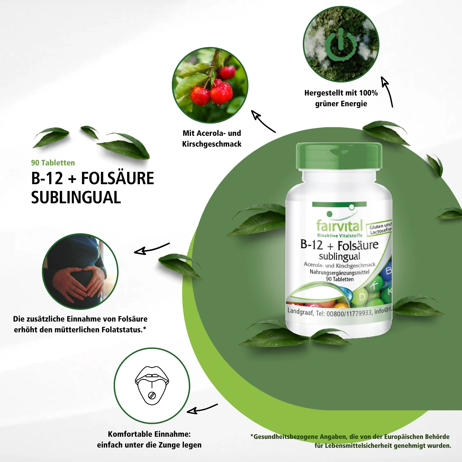 B-12 + foliumzuur sublinguaal met acerola-kersensmaak - 90 tabletten
