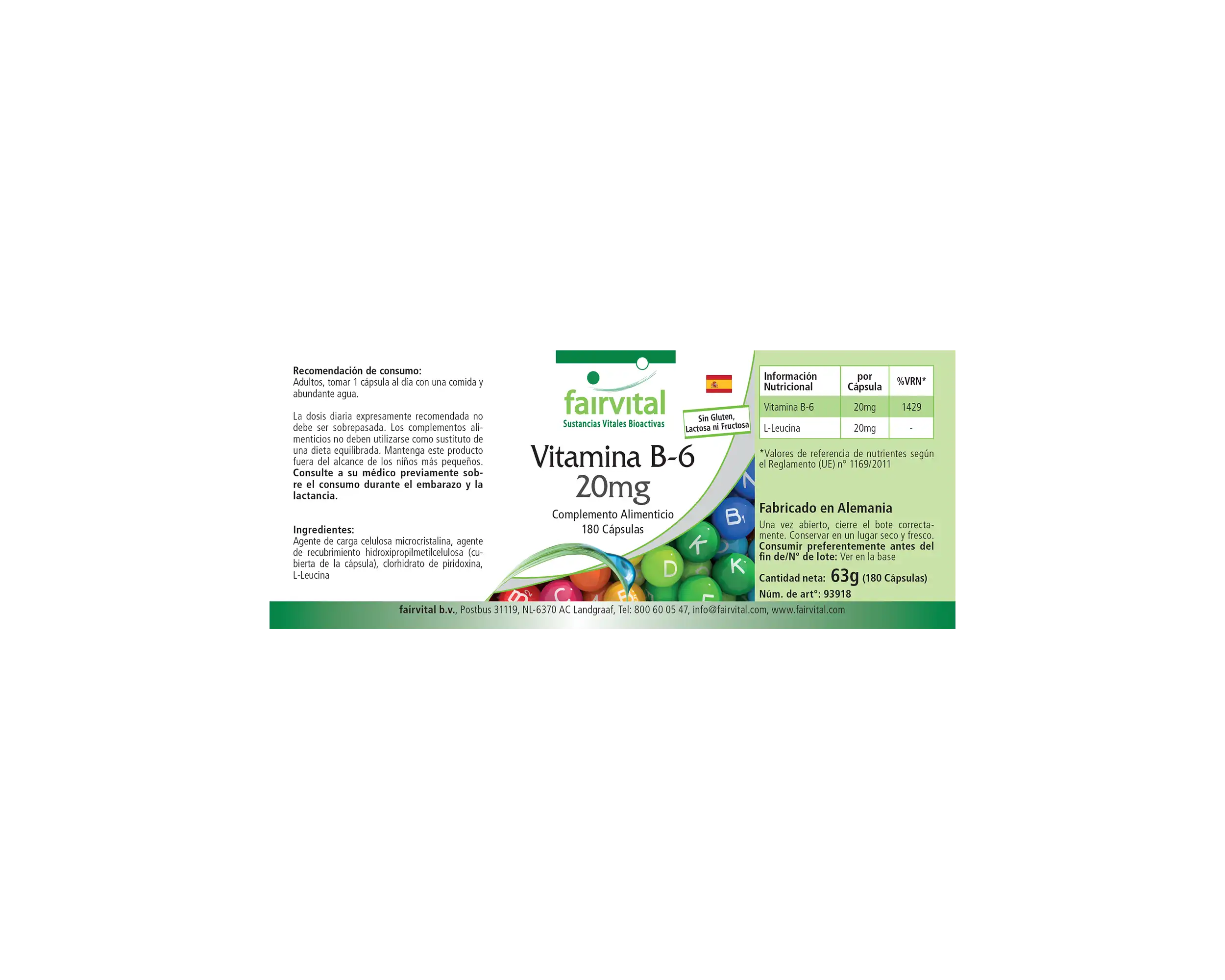 Vitamin B-6 20mg - 180 Kapseln - Pyridoxinhydrochlorid - für Immunsystem, Energie uvm. - Hochdosiert & Vegan | Fairvital