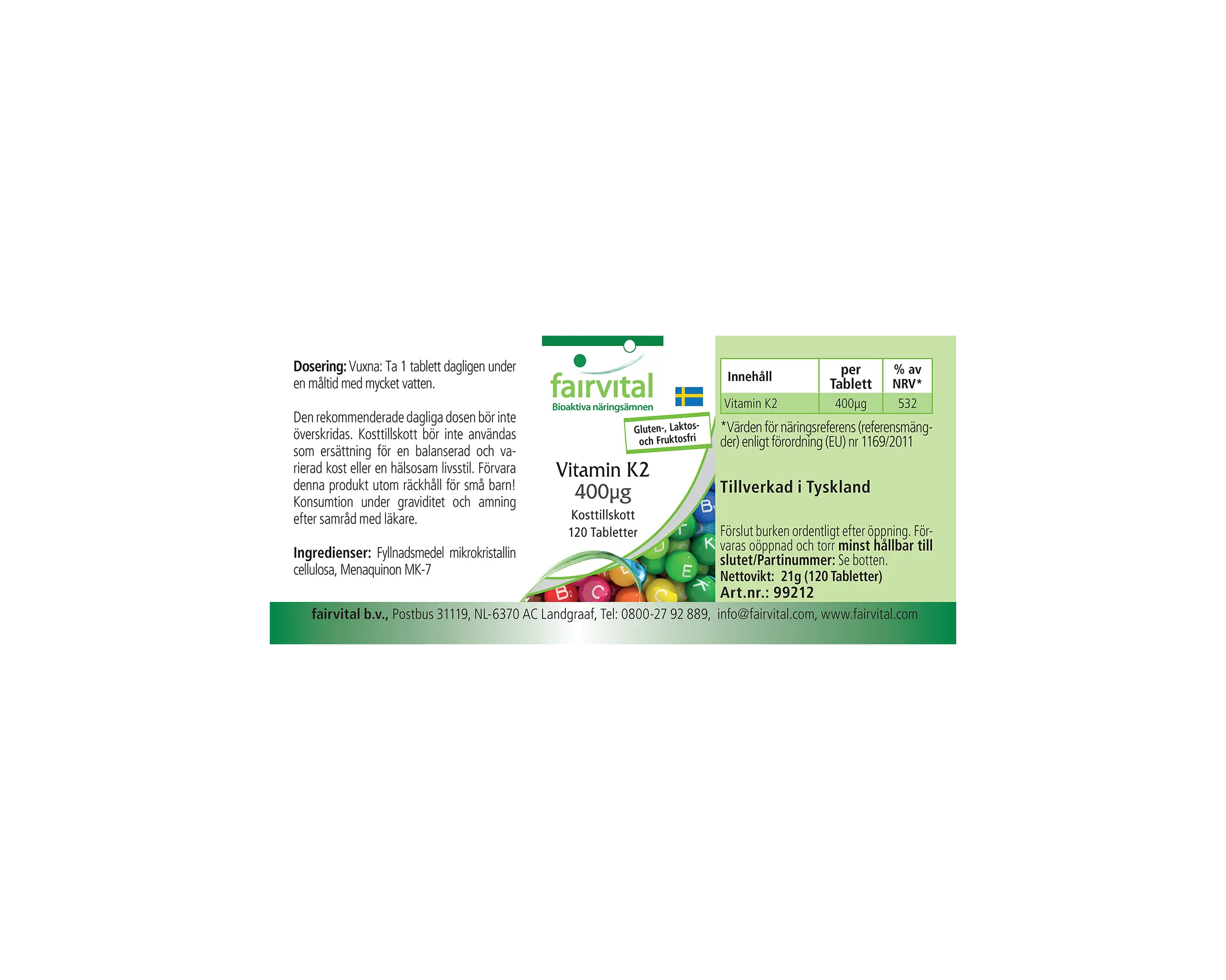 Vitamin K2 400μg - 120 Tabletten - für Knochen und Blutgerinnung - hochdosiert und vegan | Fairvital