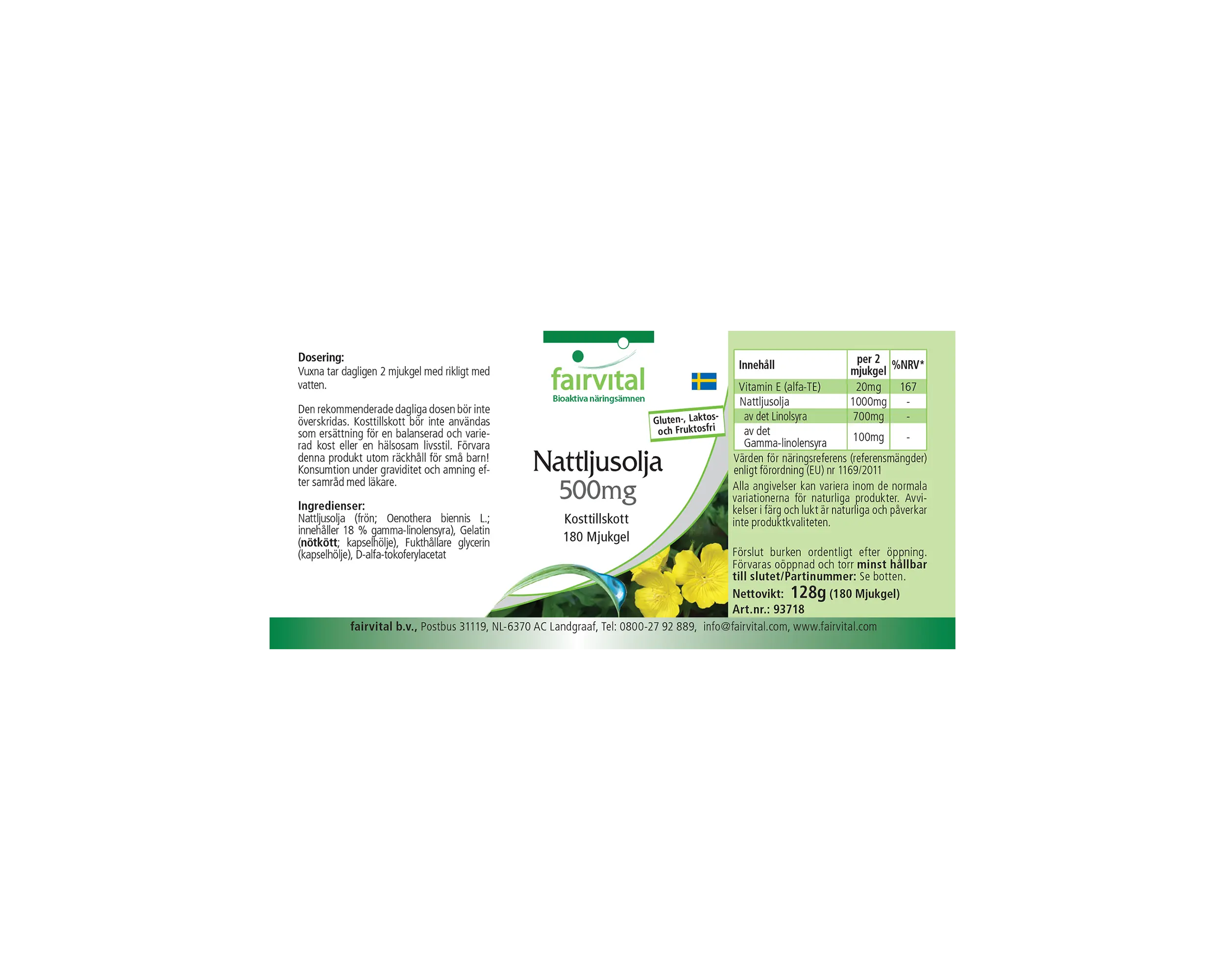 Aceite de onagra 500 mg - 180 cápsulas blandas - con vitamina E - más del 100% del requerimiento diario | Fairvital