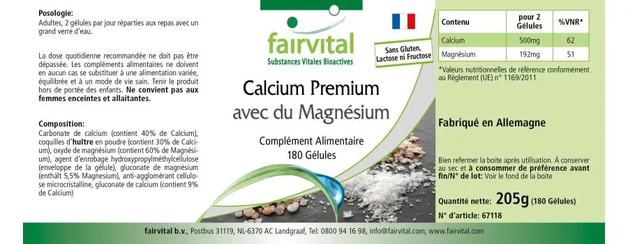 Premium-Calcium mit Magnesium - 180 Kapseln - für Knochen, Muskeln, Elektrolytgleichgewicht uvm. | Fairvital Premium-Calcium mit Magnesium - 180 Kapseln - für Knochen, Muskeln, Elektrolytgleichgewicht uvm. | Fairvital